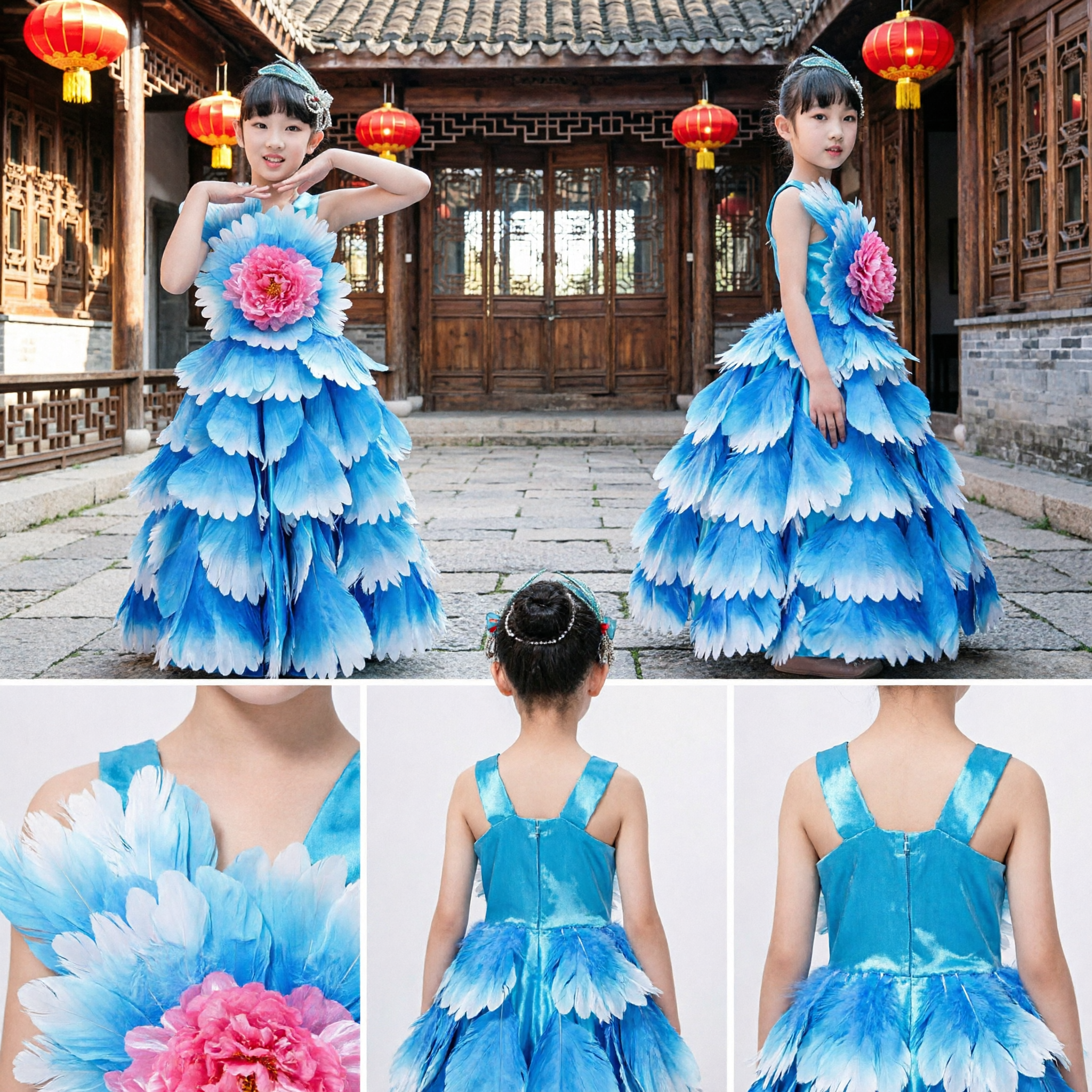 Kinderen Meisjes Blauwe Pioenroos Bloemendanskostuum Traditioneel Chinees Folkloristisch Podiumoptreden Jurken Outfit - Asian Costume