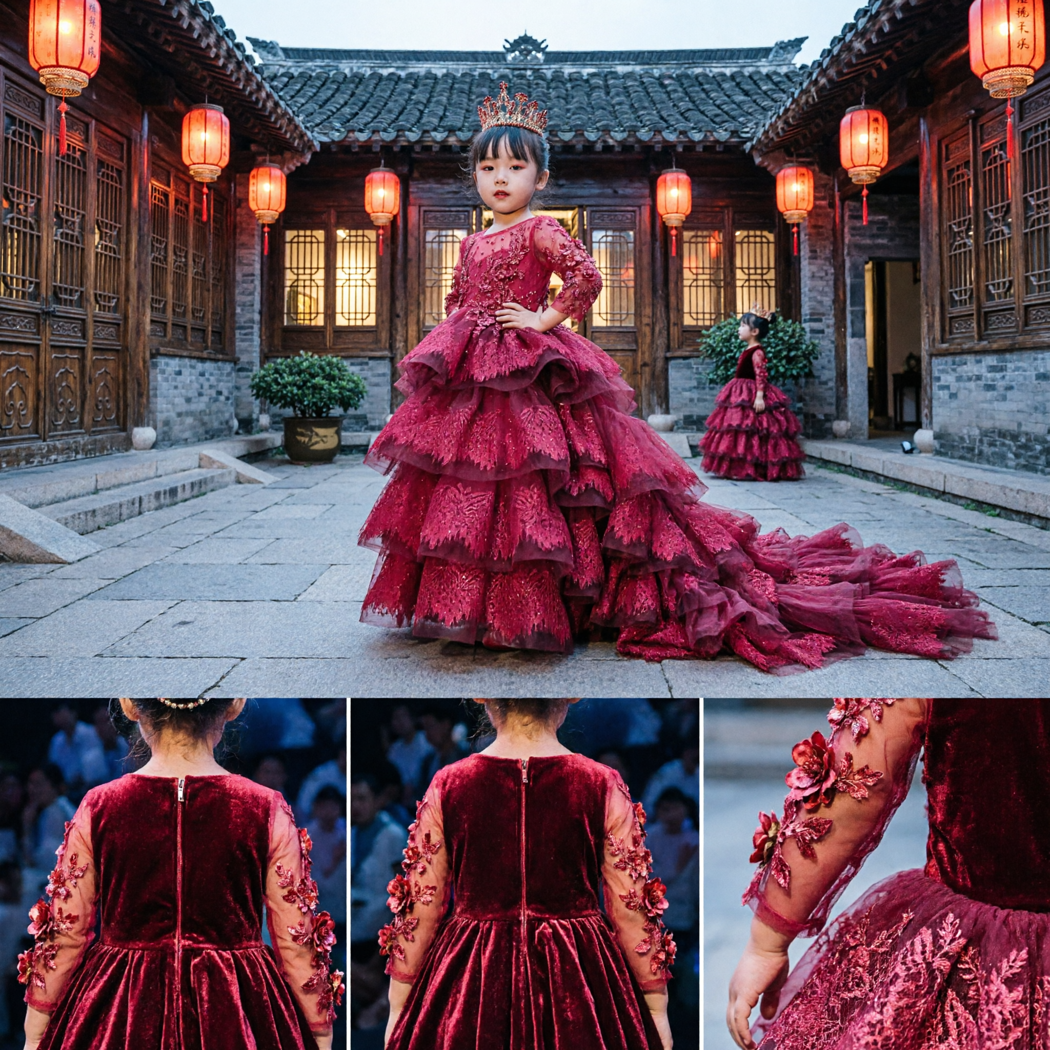 여아용 레드 레이스 볼 가운 롱 트레인 페이지언트 드레스 정식 웨딩 플라워 걸 이브닝 가운 - Asian Costume