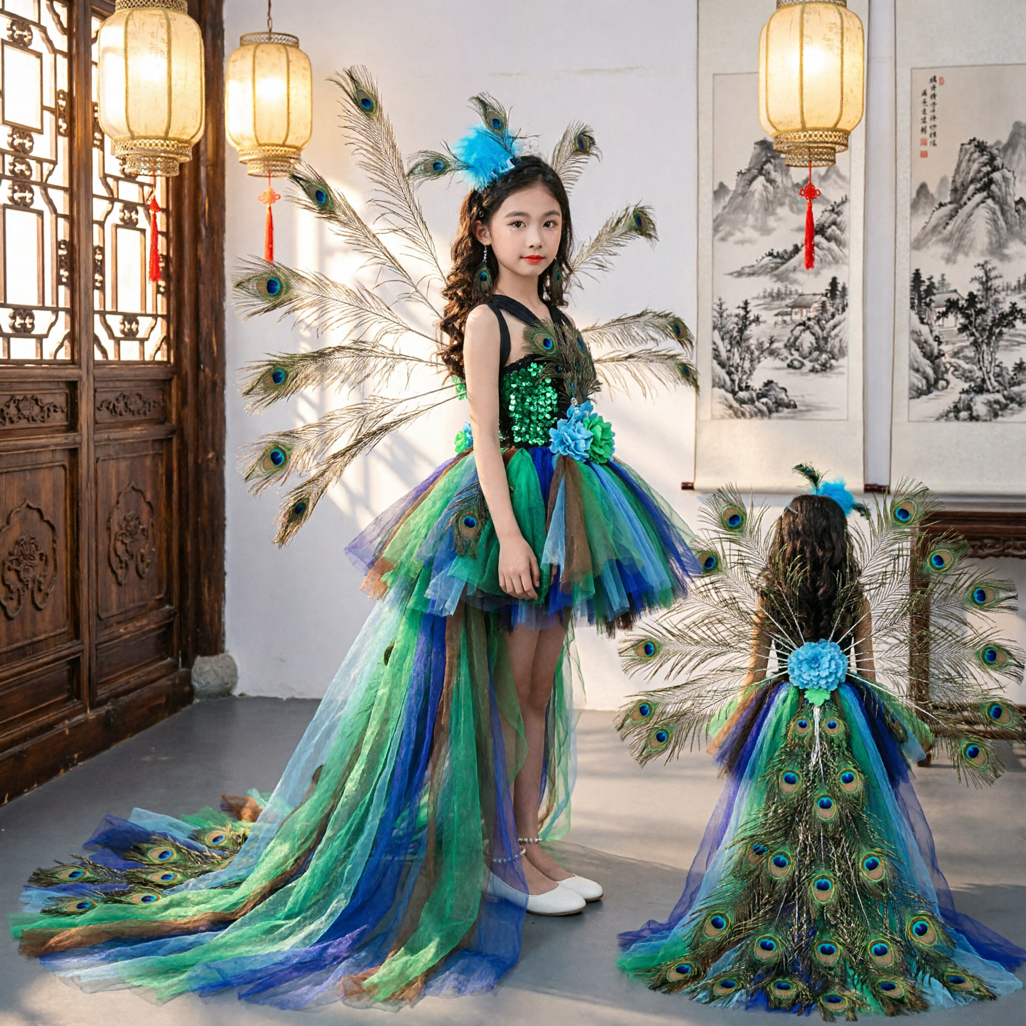 Traje de Danza del Pavo Real para Niñas, Vestido Tradicional Chino para Actuaciones en el Escenario en Verde y Azul con Plumas - Asian Costume