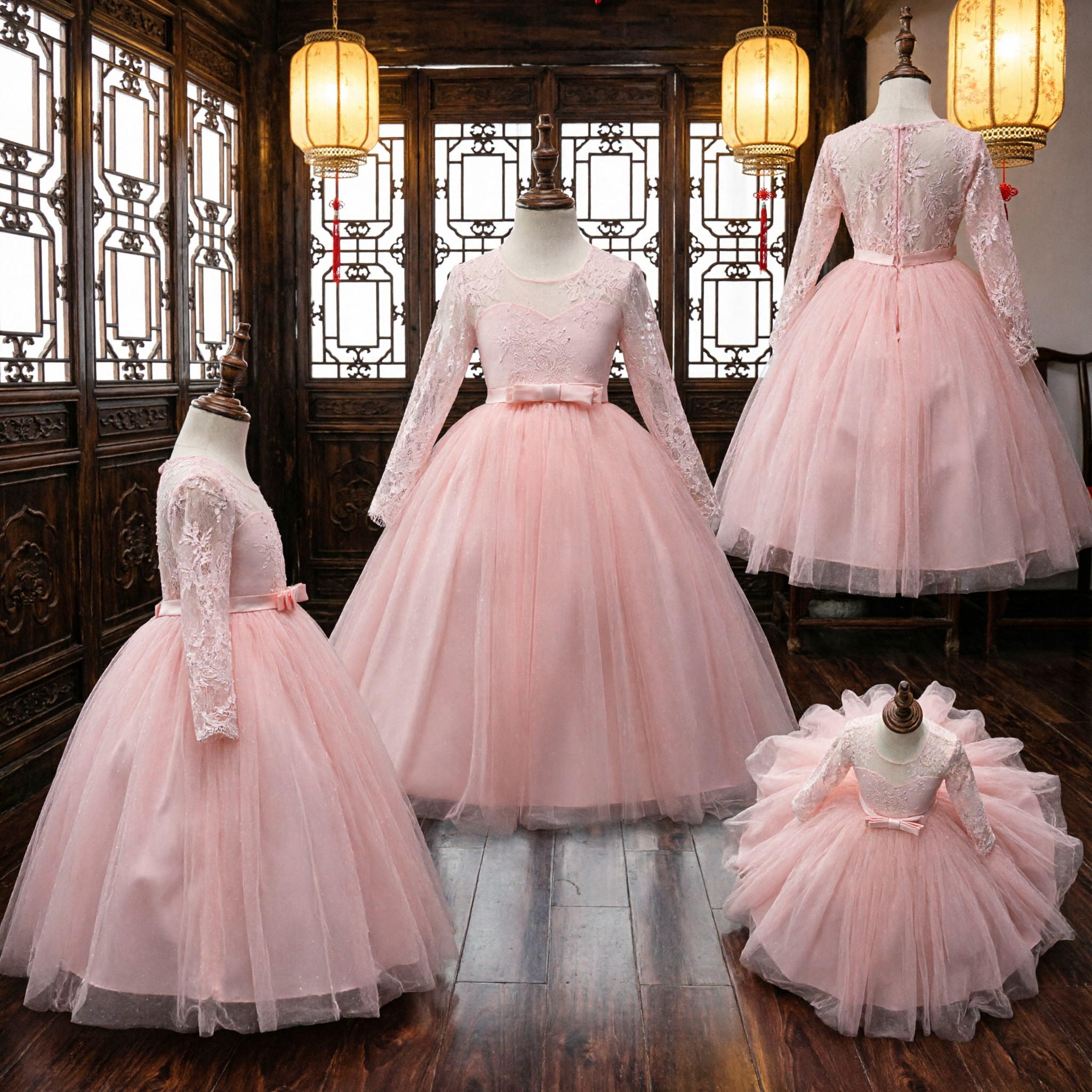 Elegante Vestido de Niña de las Flores en Encaje Rosa con Mangas Largas, Traje de Princesa de Tul para Bodas y Ocasiones Formales - Asian Costume