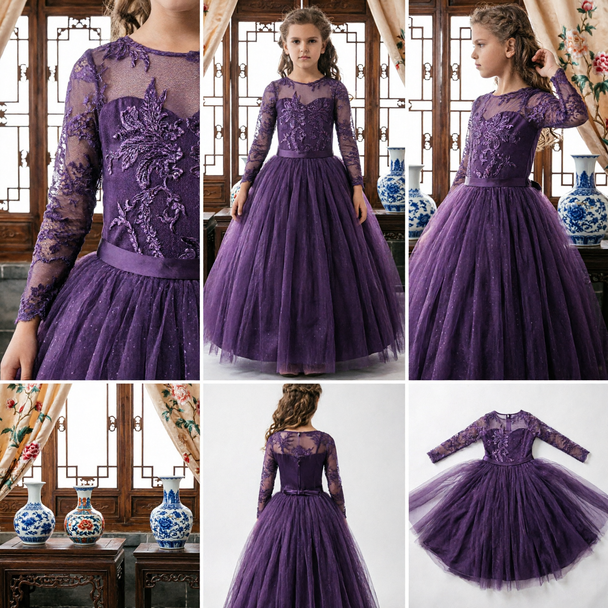 Elegant Dark Purple Long Sleeve Lace Flower Girl Dress Formal Wedding Pageant Party Ball Gown for Children - Asian Costume