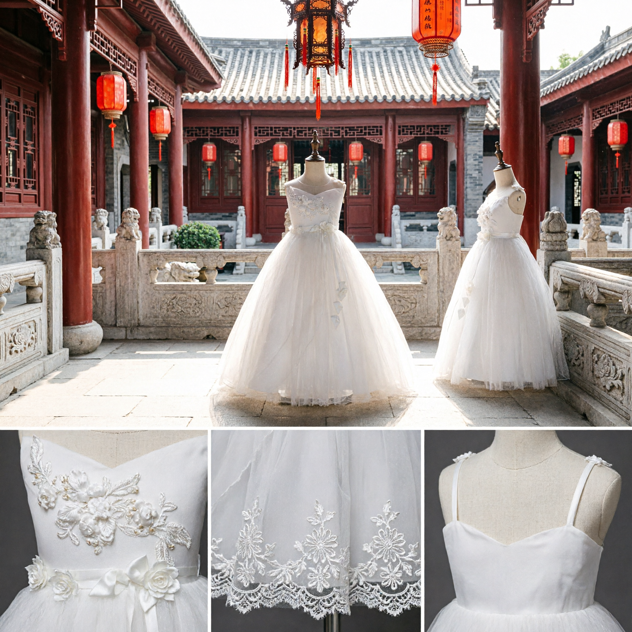 Elegante Vestido de Niña de las Flores Blanco con Falda Larga de Tul y Aplicaciones Florales 3D para Bodas y Primera Comunión - Asian Costume