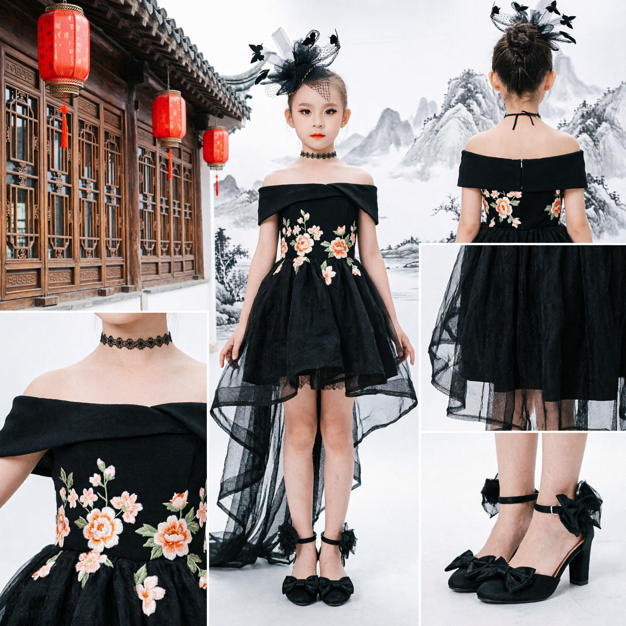 Robe Élégante Noire asymétrique Décolletée pour Fille avec Appliqués Floraux pour Performance sur Scène et Défilés - Asian Costume