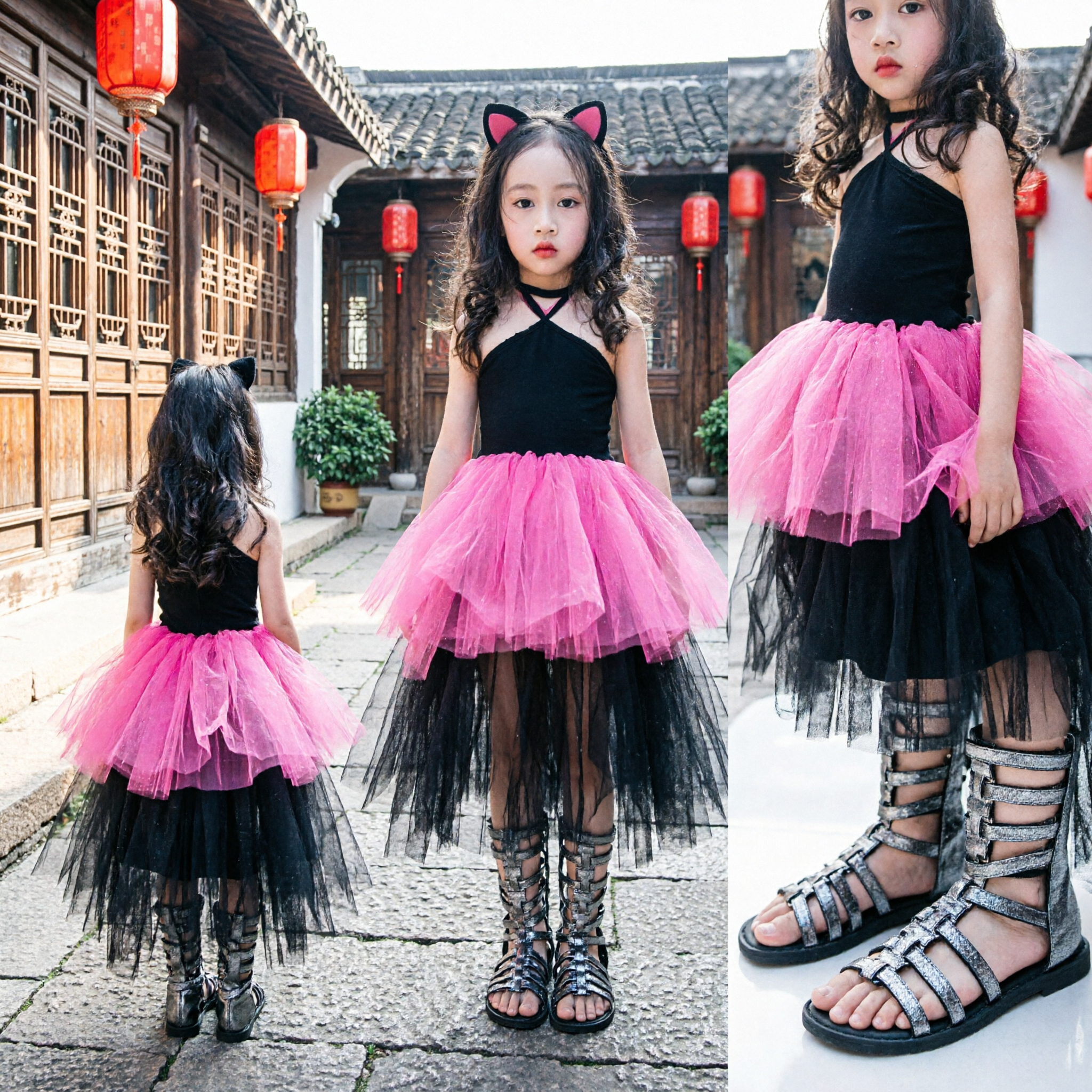 Mädchen Schwarzes Katzen Tutu Kleid Halloween Kostüm Kinder Bühnenauftritts Tanz Party Outfit mit Ohren - Asian Costume
