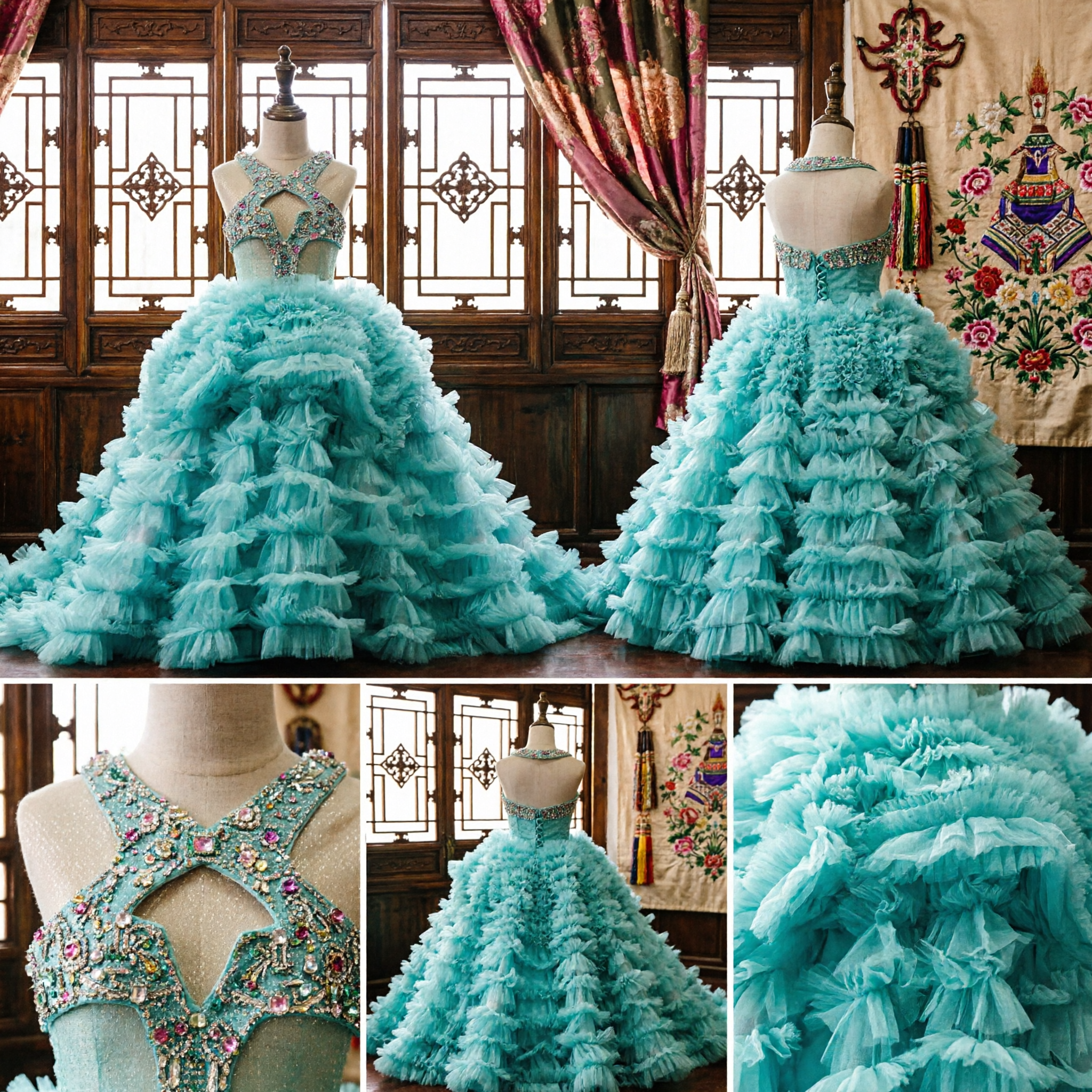 Lujoso Traje de Baile en Azul Claro con Volantes en Capas y Corpiño con Abalorios para Desfiles de Princesas o Quinceañera - Asian Costume