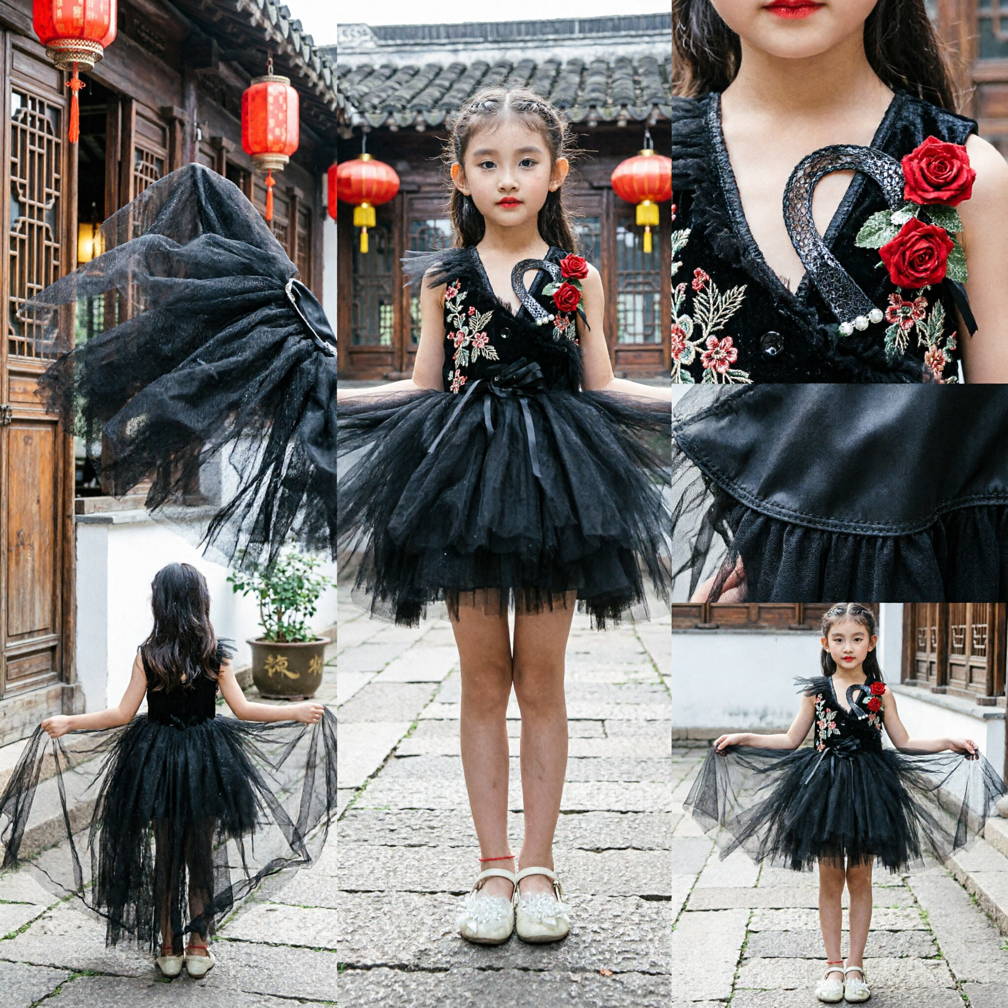 Vestito da Danza Latina del Cigno Nero per Bambine, Costume da Spettacolo in Tutu per Saggi di Danza - Asian Costume
