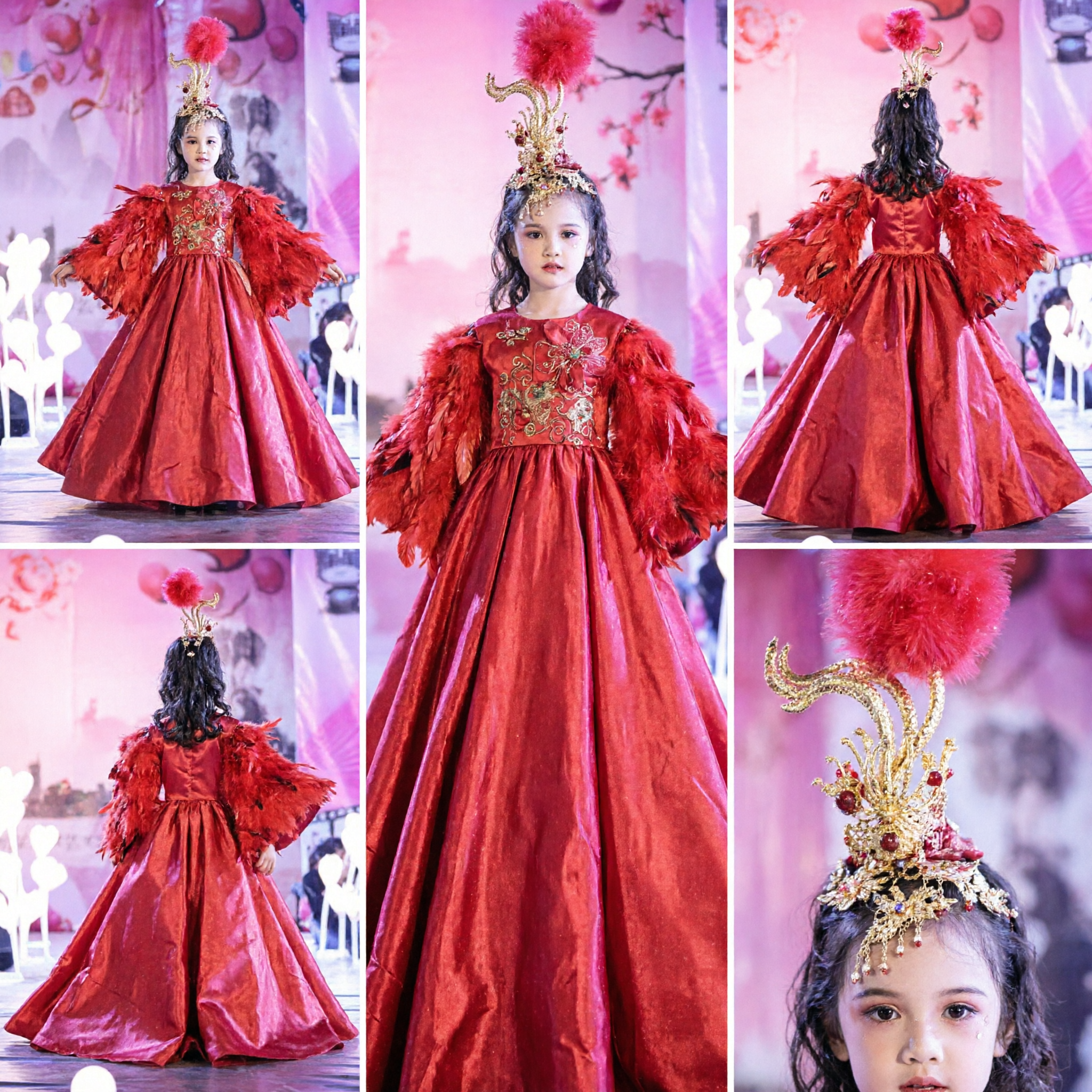 Vestido de Baile de Gala Rojo con Plumas para Niñas, Traje de Etiqueta Infantil con Corona Dorada para Actuaciones en Escenario - Asian Costume