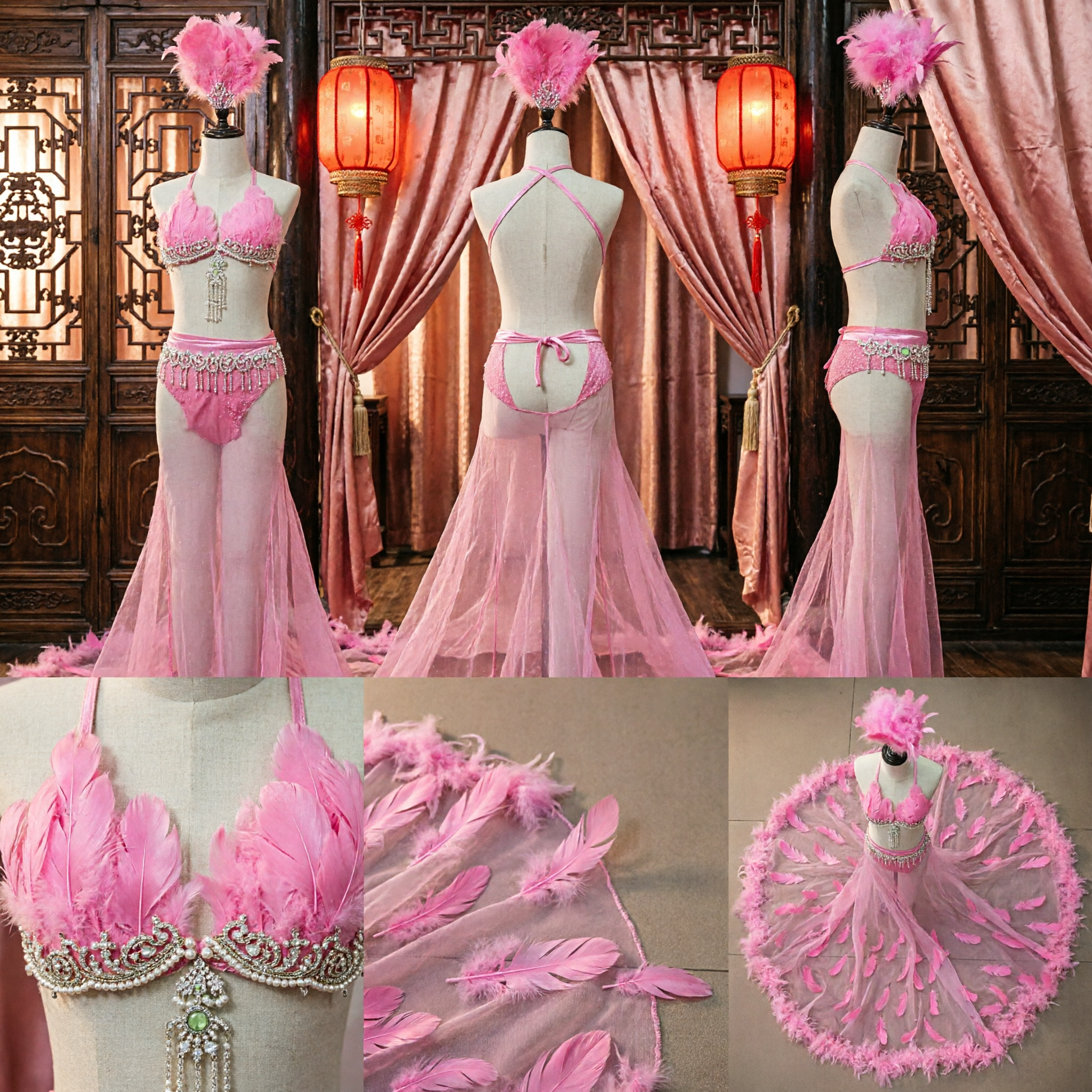 Costume Samba Carnaval Rose Vif pour Femmes, Jupe à Plumes Tenue Showgirl pour Spectacle de Danse - Asian Costume