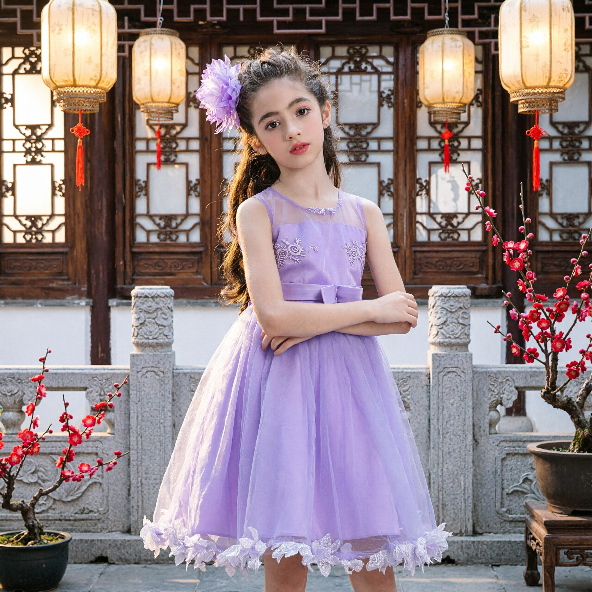Vestido Morado para Damita de Honor sin Mangas, Traje de Princesa de Tul para Fiesta de Boda con Dobladillo de Encaje y Lazo - Asian Costume