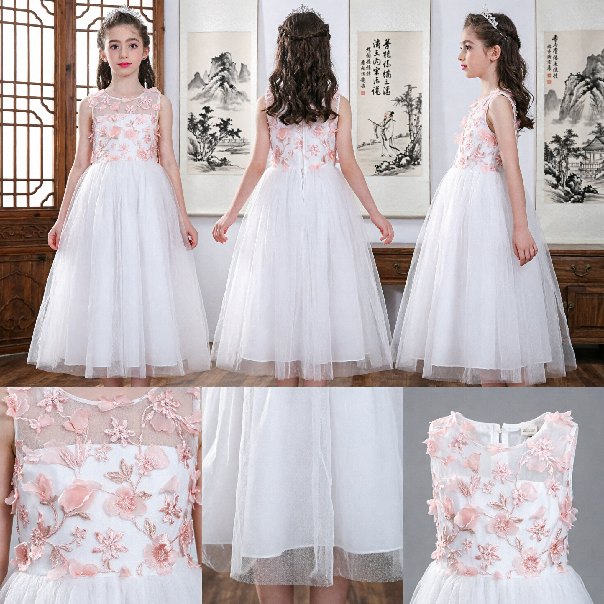 Vestido Elegante de Madrinha de Casamento Branco com Corpete Floral Rosa e Saia Longa de Tule para Casamentos - Asian Costume
