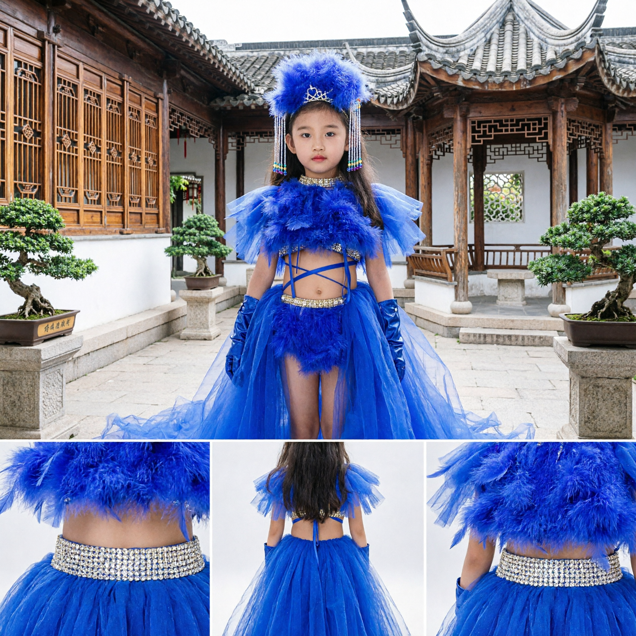 Mädchen Königsblau Feder Tanzkostüm Kinder Bühnenauftrittskleid mit Langem Tüll-Schleppkleid und Kopfschmuck - Asian Costume
