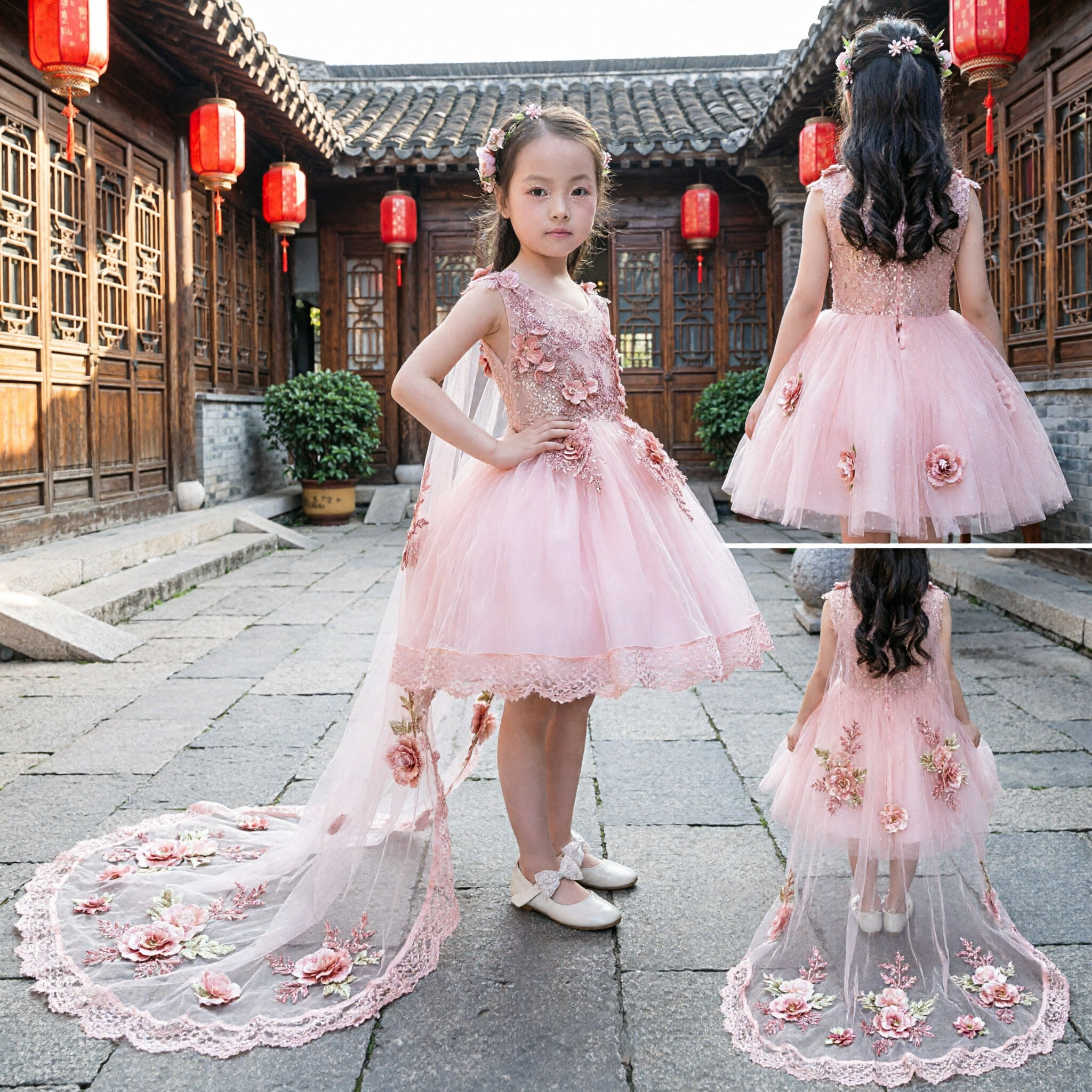 Robe Élégante Demoiselle d'Honneur Rose avec Appliqué Floral 3D et Traîne Tulle pour Enfants Mariage - Asian Costume