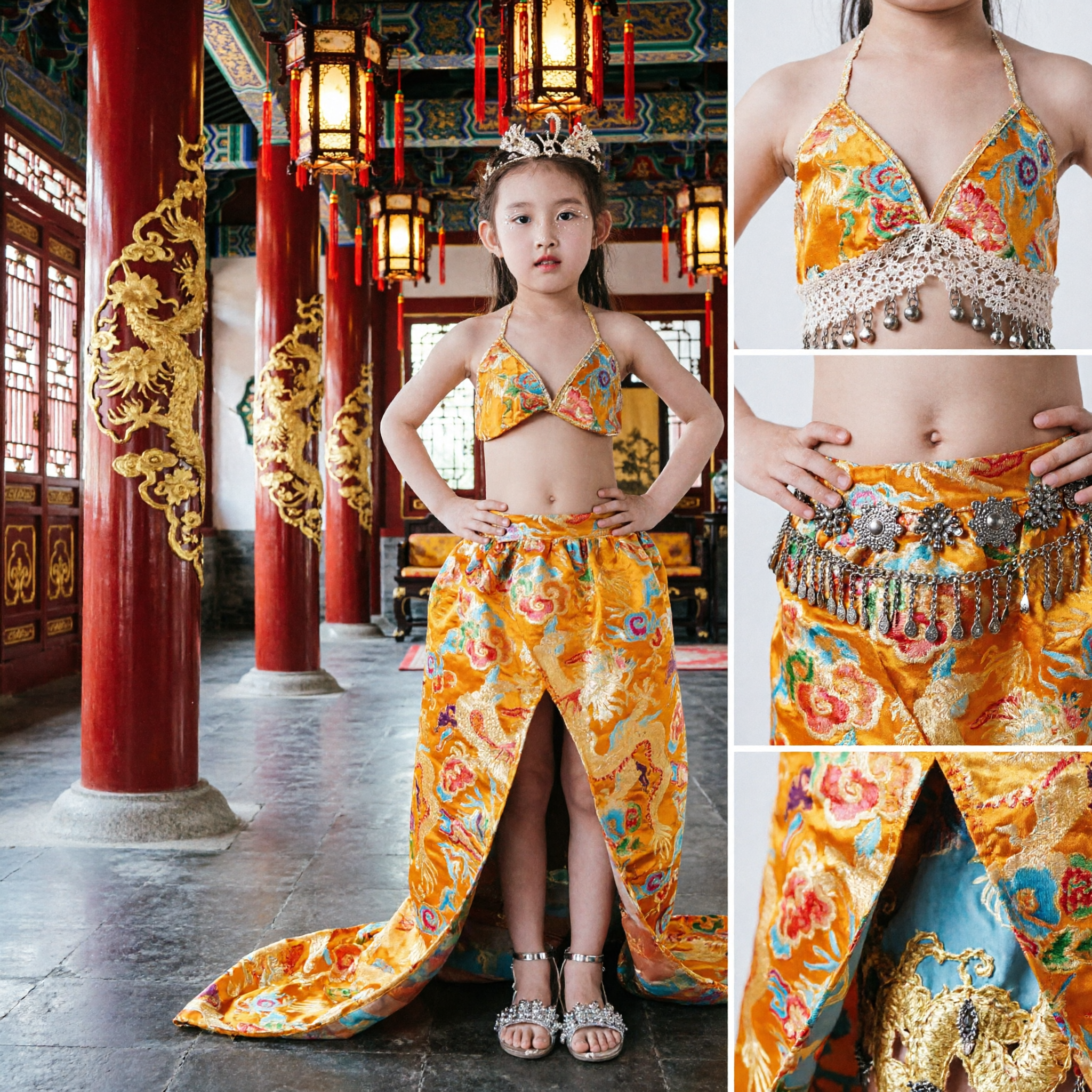 Costume da Danza Tradizionale Cinese per Bambini Top Busto Giallo in Broccato con Gonna a Spacco per Spettacoli - Asian Costume