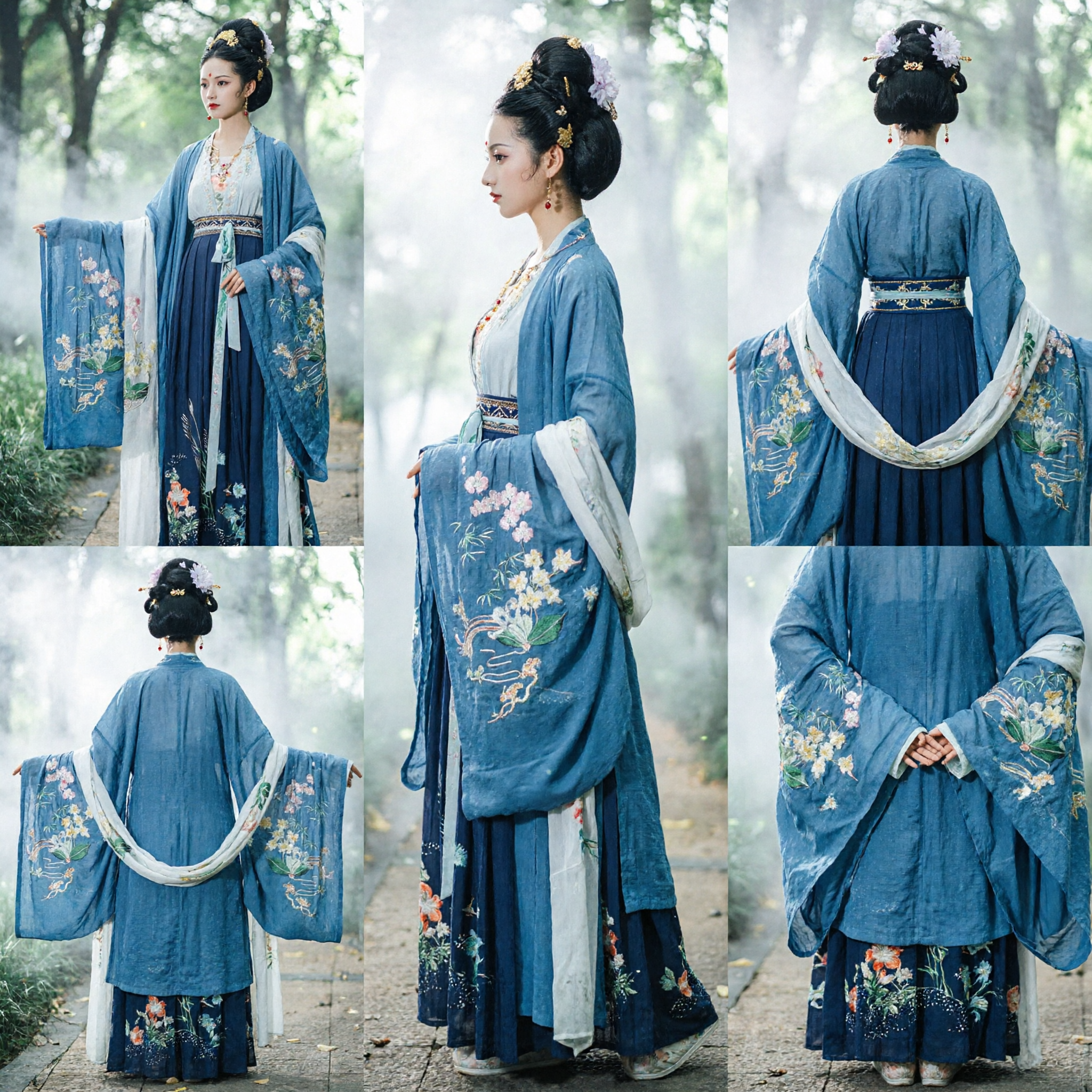 Elegantes blaues Hanfu, traditionelles chinesisches Kostüm, besticktes Blumenkleid, antike Tang-Dynastie-Kleidung für Damen - Asian Costume