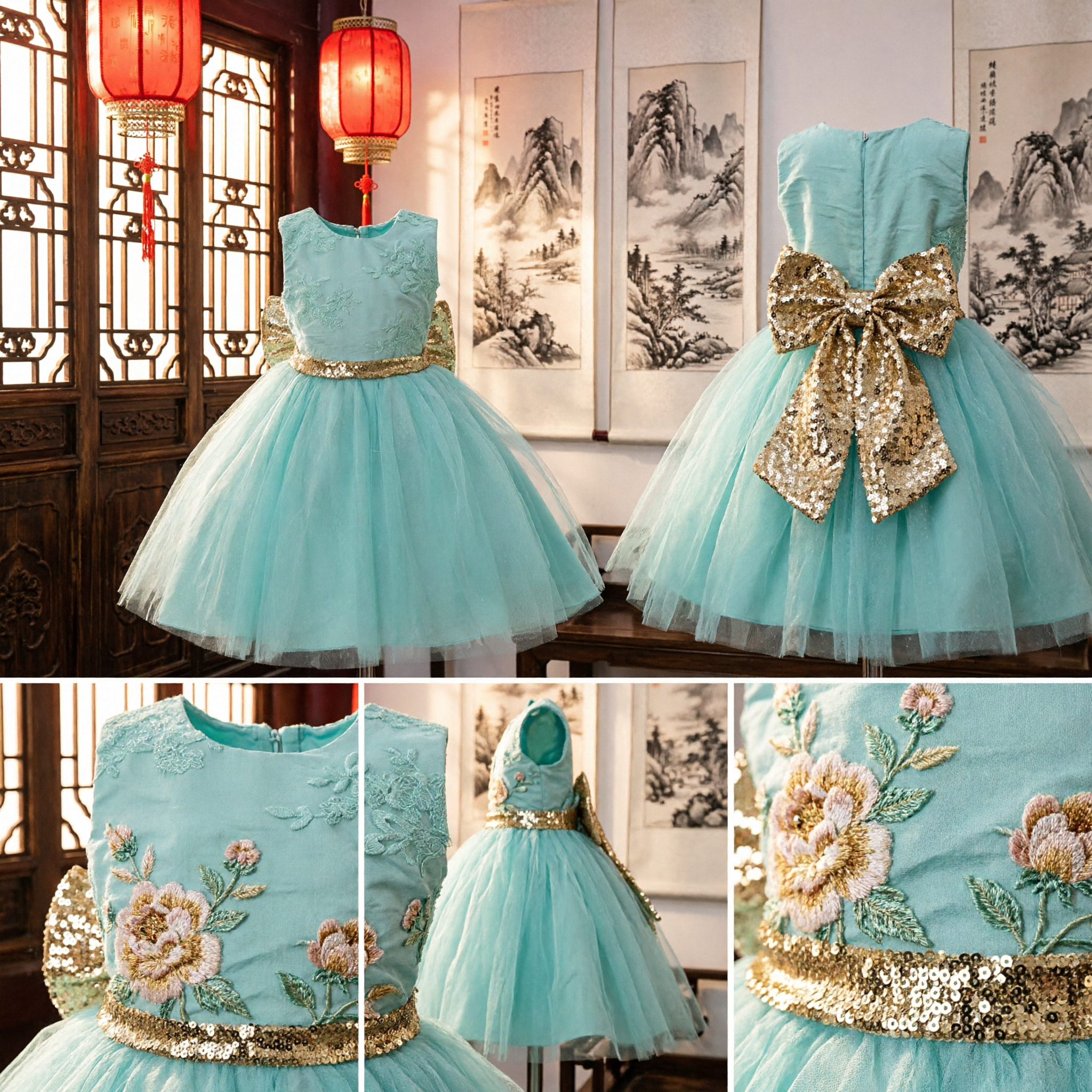 Vestido de Tutú de Princesa para Niñas, Lazo Dorado con Lentejuelas y Bordado Floral, Vestido Formal para Boda, Fiesta y Damita de Honor - Asian Costume