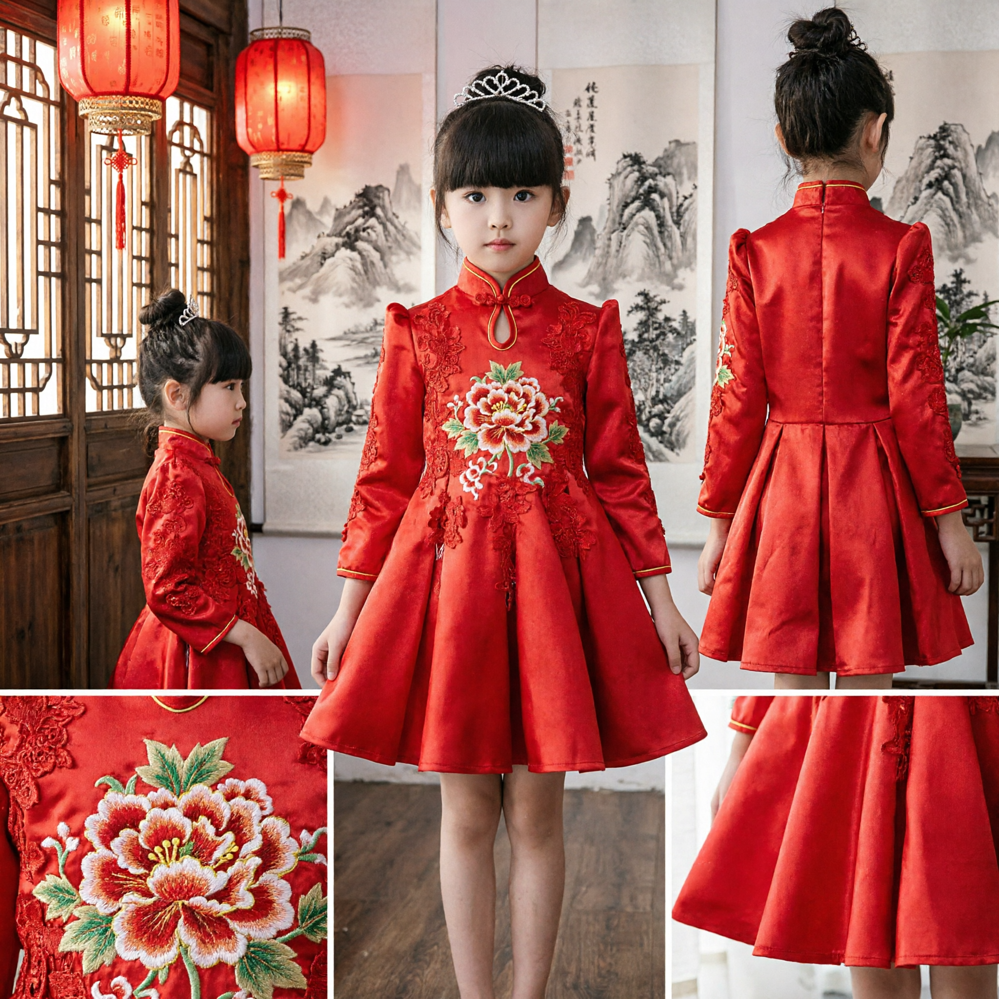 Rotes chinesisches Cheongsam-Kleid für Mädchen, traditionelle Spitzen-Qipao für Hochzeiten, Feste und Blumenmädchenkostüme - Asian Costume
