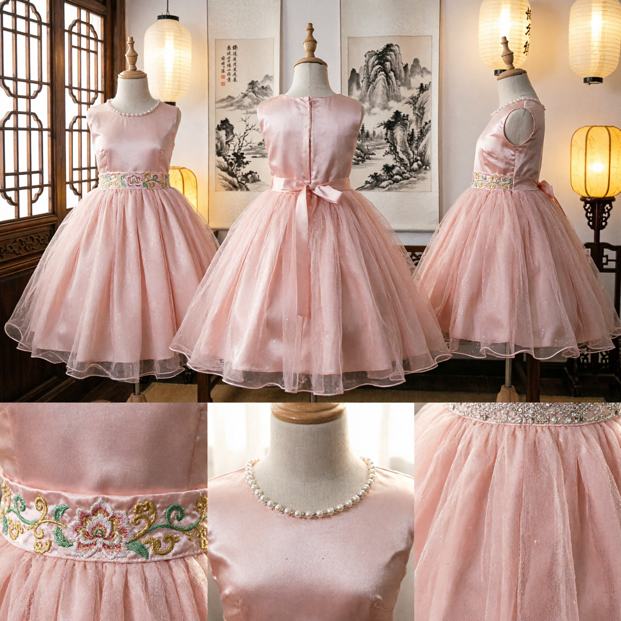Vestido Elegante de Princesa Rosa para Daminha de Honra Sem Mangas Vestido de Baile de Tule com Cintura em Lantejoulas para Casamentos - Asian Costume