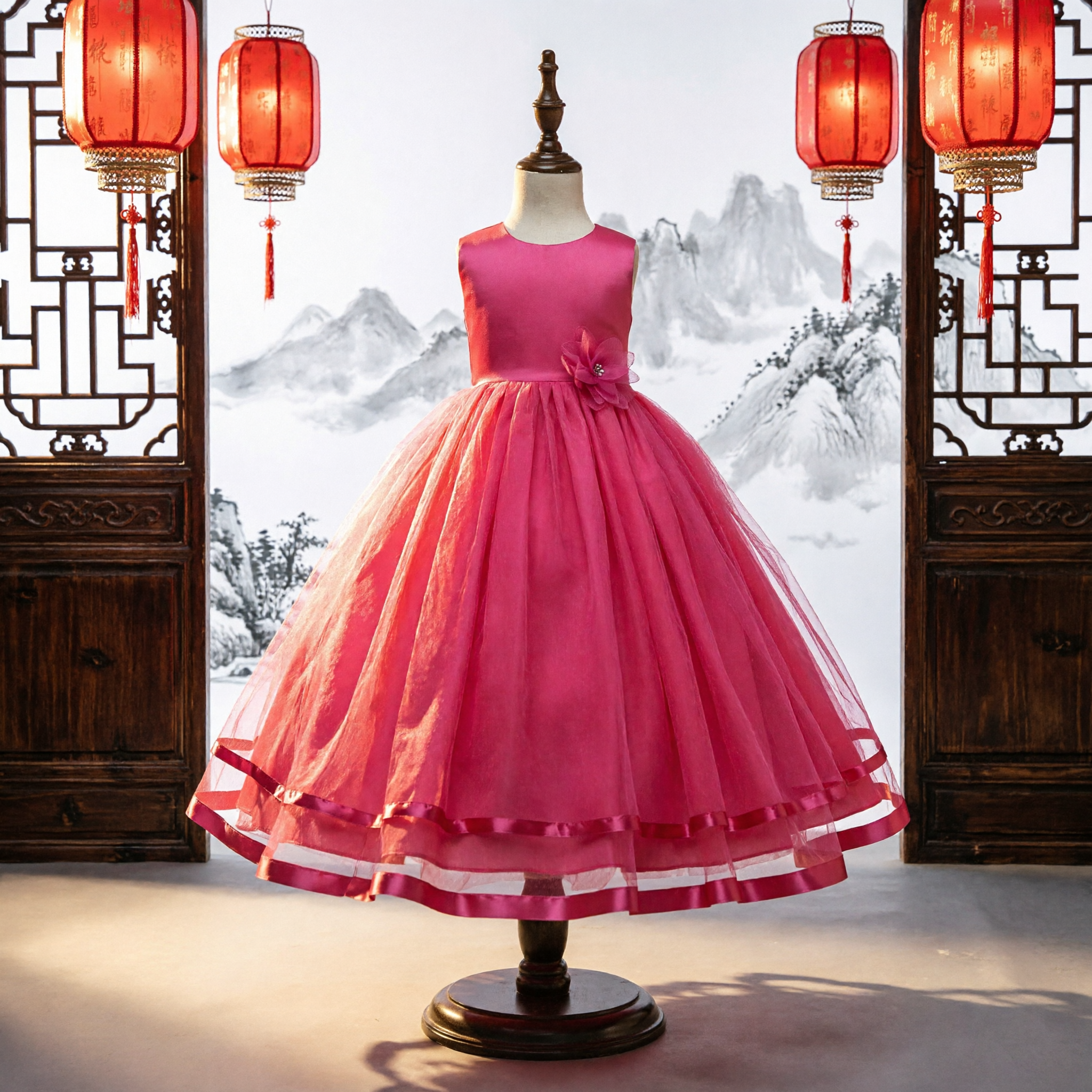 Vestido de Baile de Tul Rosa para Niñas, Sin Mangas, para Niña de las Flores, Boda, Fiesta, Concurso - Asian Costume