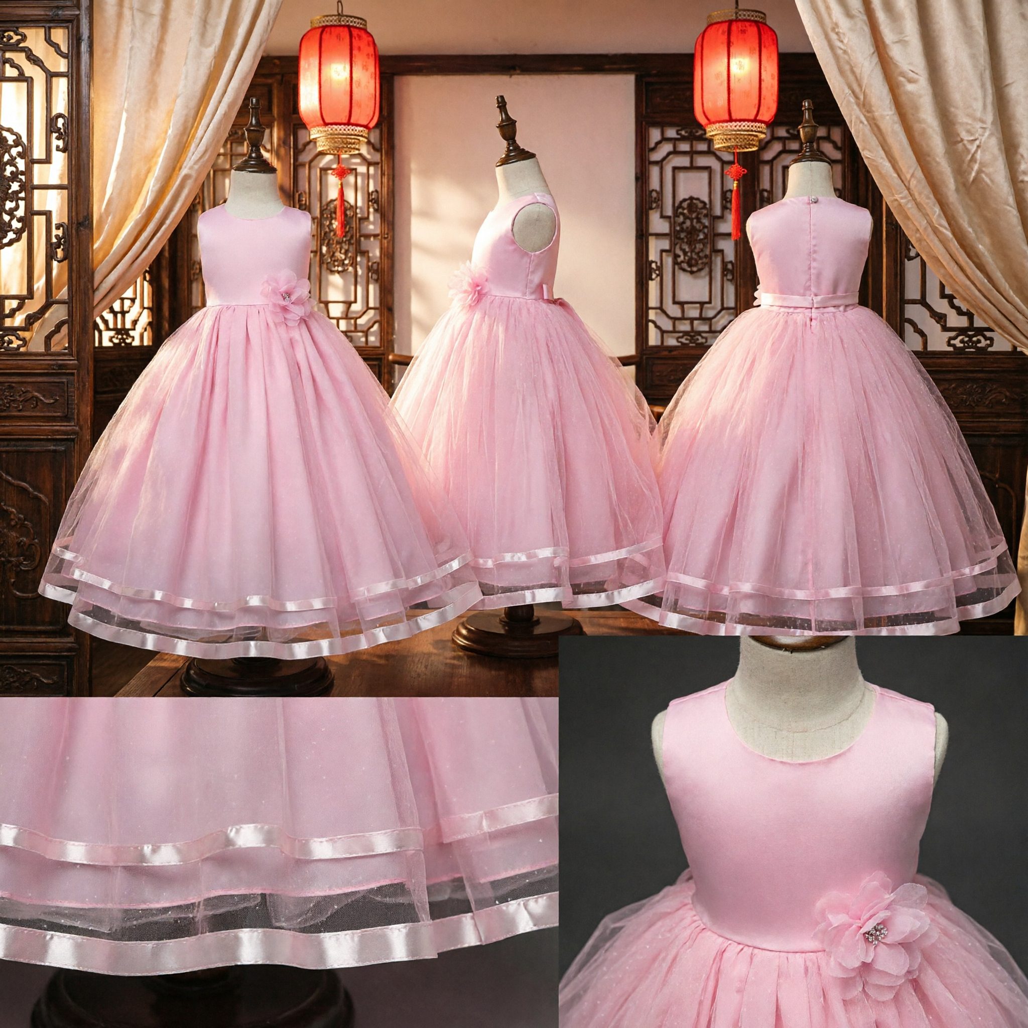 Elegant Pink Tulle Flower Girl Dress Sleeveless Ball Gown for Kids Wedding Party - Asian Costume