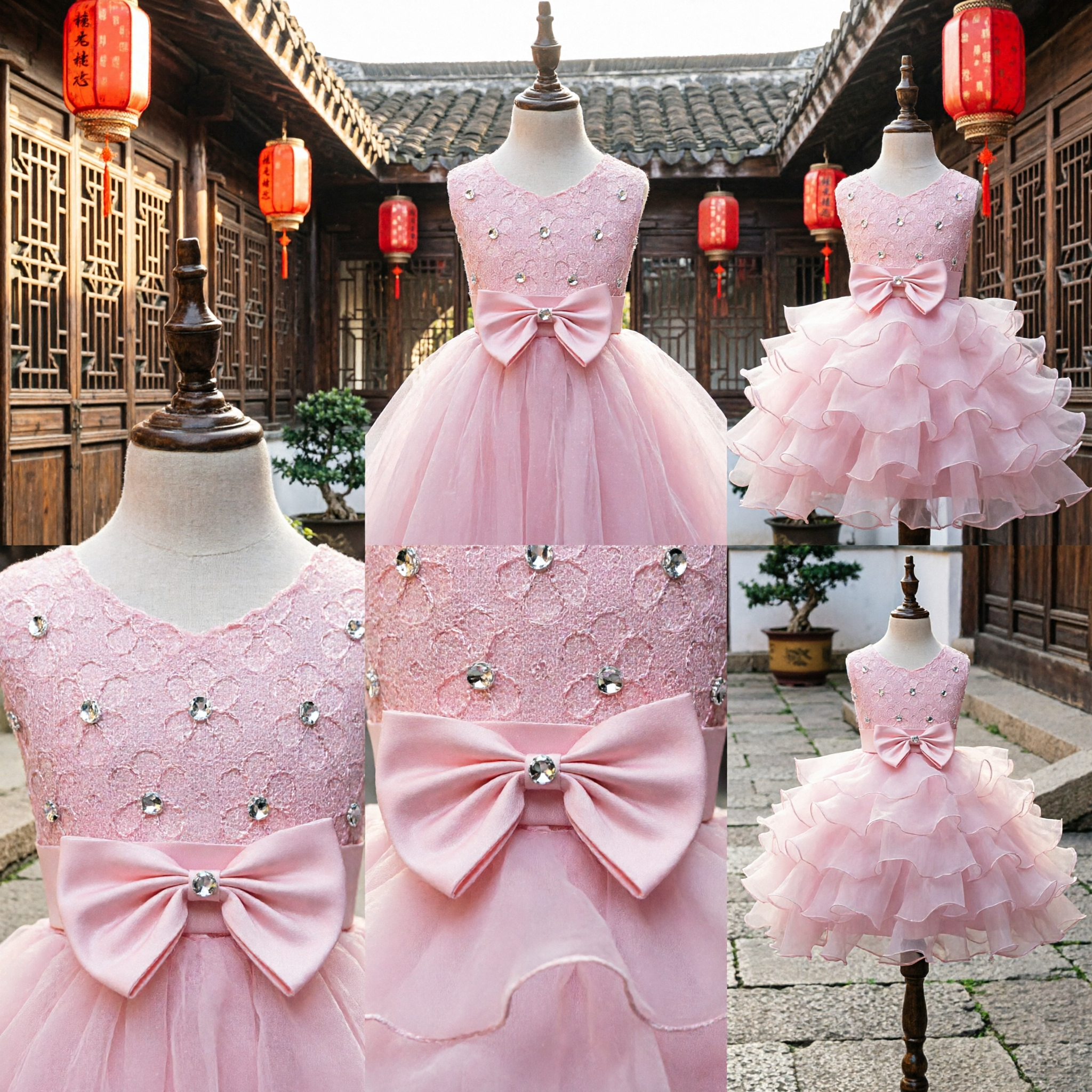 Elegantes Rosa Blumenmädchenkleid für Kinder mit Strass-Spitzenoberteil und gerüschtem Tüllrock für Hochzeiten - Asian Costume