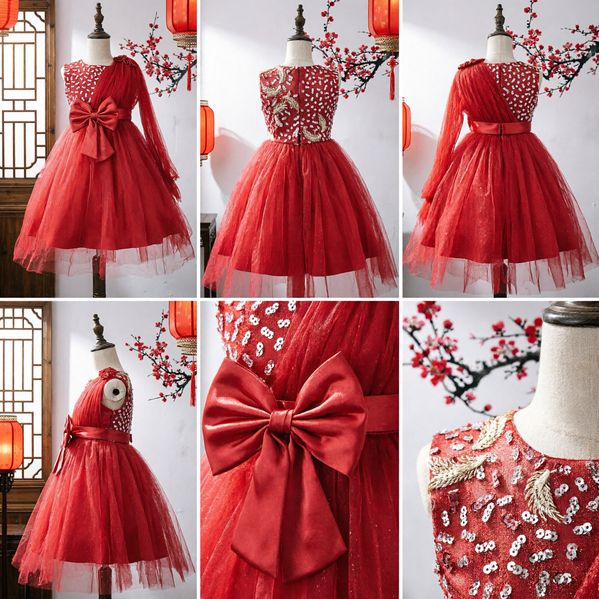 Vestido Rojo de Tirante Único con Lazo de Lentejuelas y Tul para Niñas, para Actuaciones en Escenario, Presentadora, Fiesta, Disfraz - Asian Costume