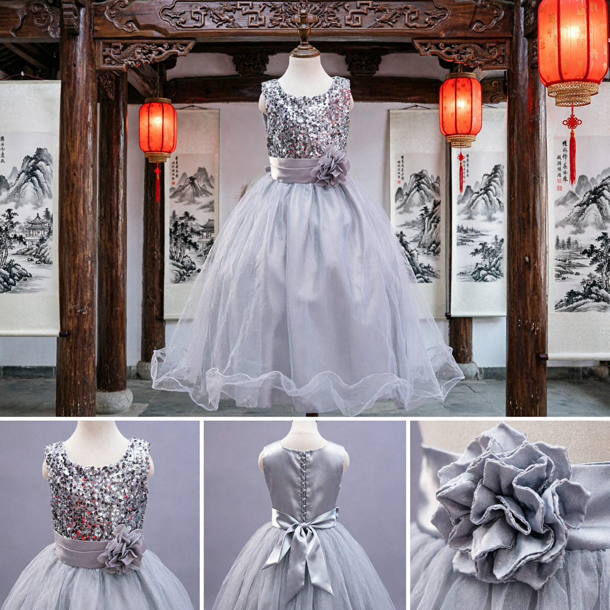 فستان فتاة الزفاف فضي للفتيات بالترتر فستان كرة طويل من الشاش لحفلات الزفاف والمسابقات والمناسبات - Asian Costume