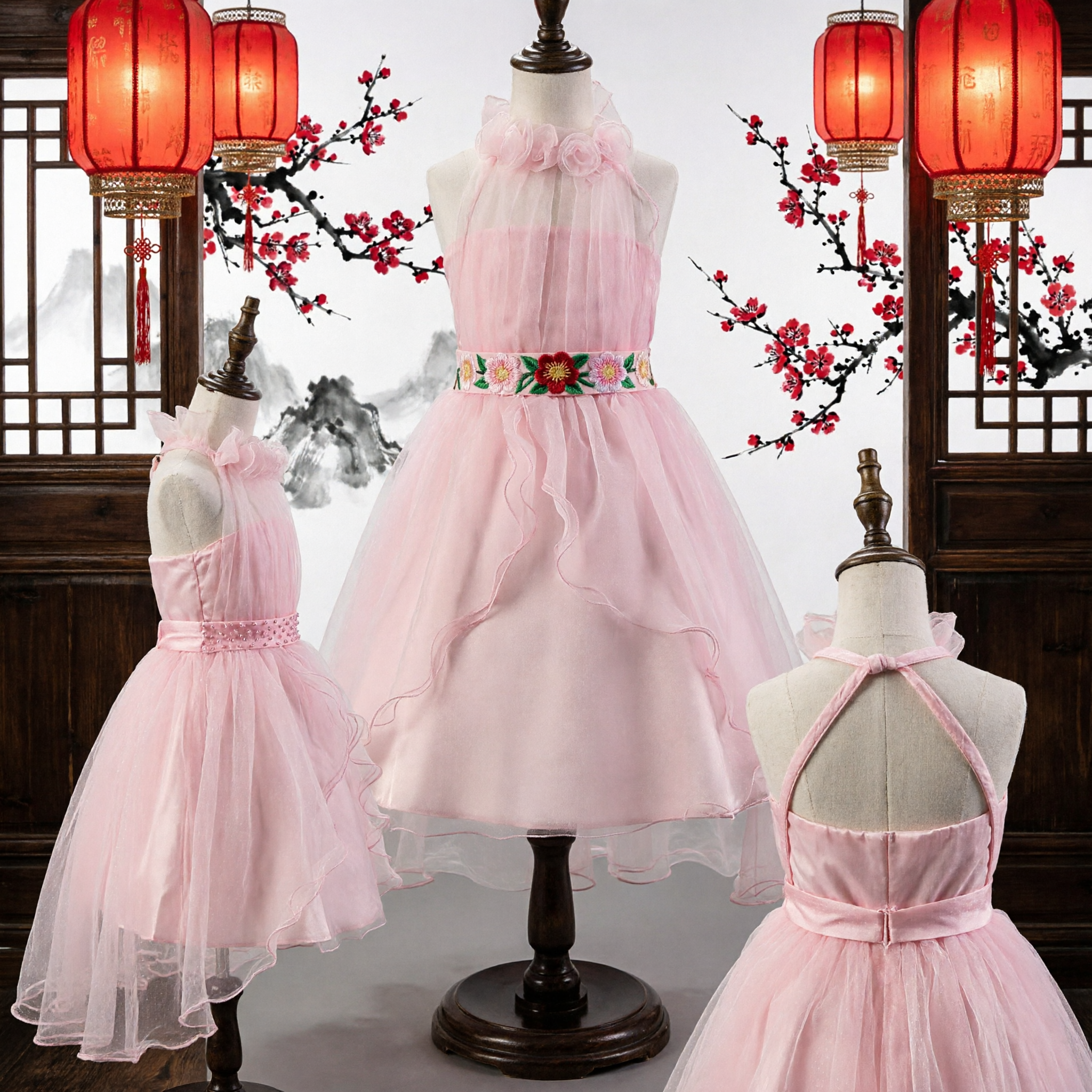 Babyrosa Trägertop Tüll Blumenmädchenkleid elegantes Hochzeitsfeier formelles Kleid für Kinder - Asian Costume