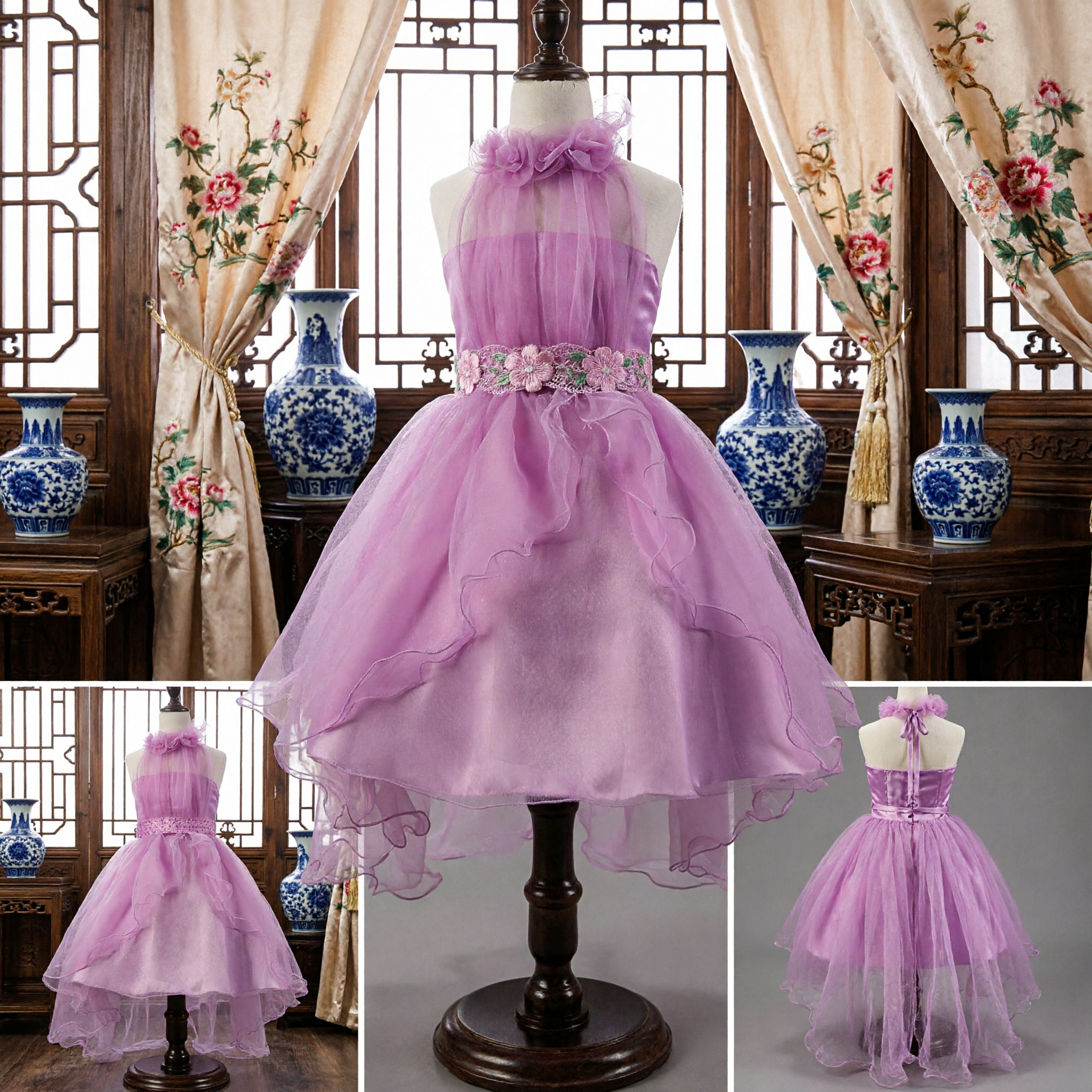 Vestido de Menina das Flores Roxo com Gola Halter para Meninas, Saia de Tule com Rendas, Formal, para Casamento, Concurso, Festa - Asian Costume