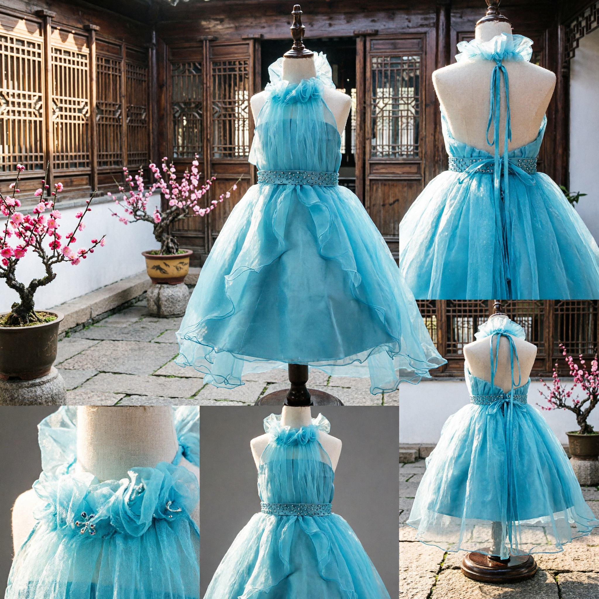 Elegante Blauwe Geruffle Halter Tule Jurken voor Meisjes Kinderen Bloemenmeisjes Bruiloft Feest Formele Jurken - Asian Costume