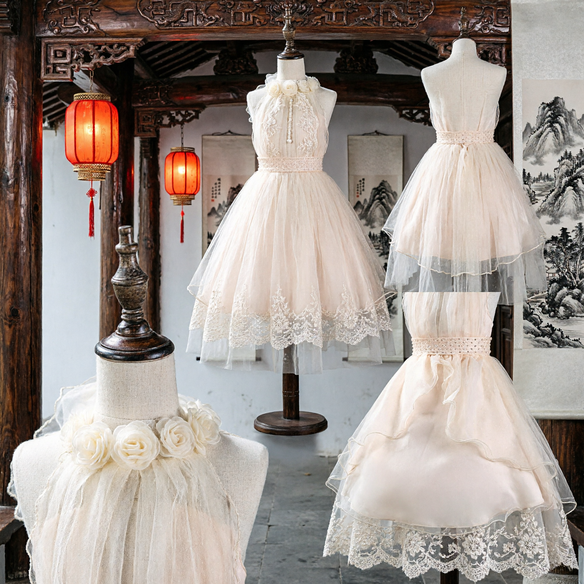 Elegant Ivory Flower Girl Dress Sleeveless Tulle Wedding Party Gown for Kids with Beaded Sash - Asian Costume