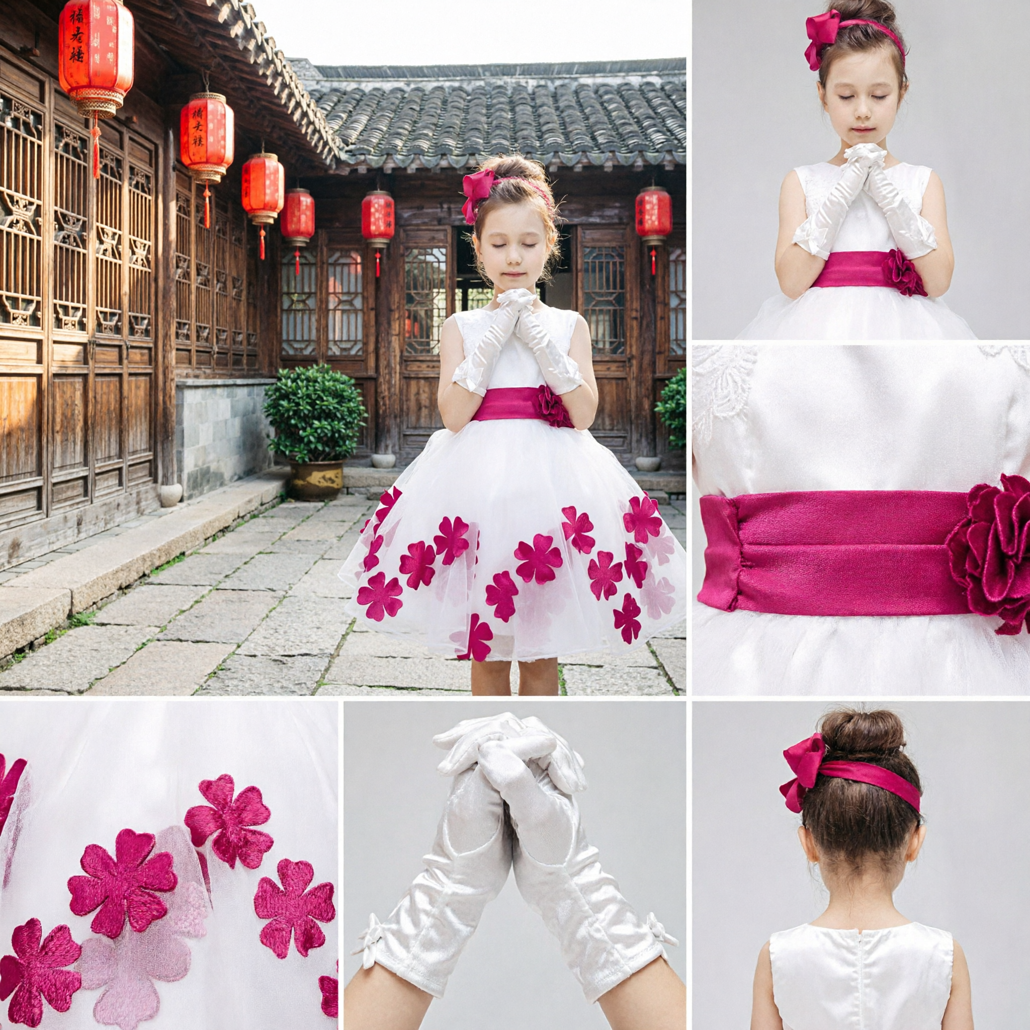 Abito da Ballo Bianco per Damigelle con Fascia Rosa e Applicazioni a Trifoglio per Matrimoni - Asian Costume