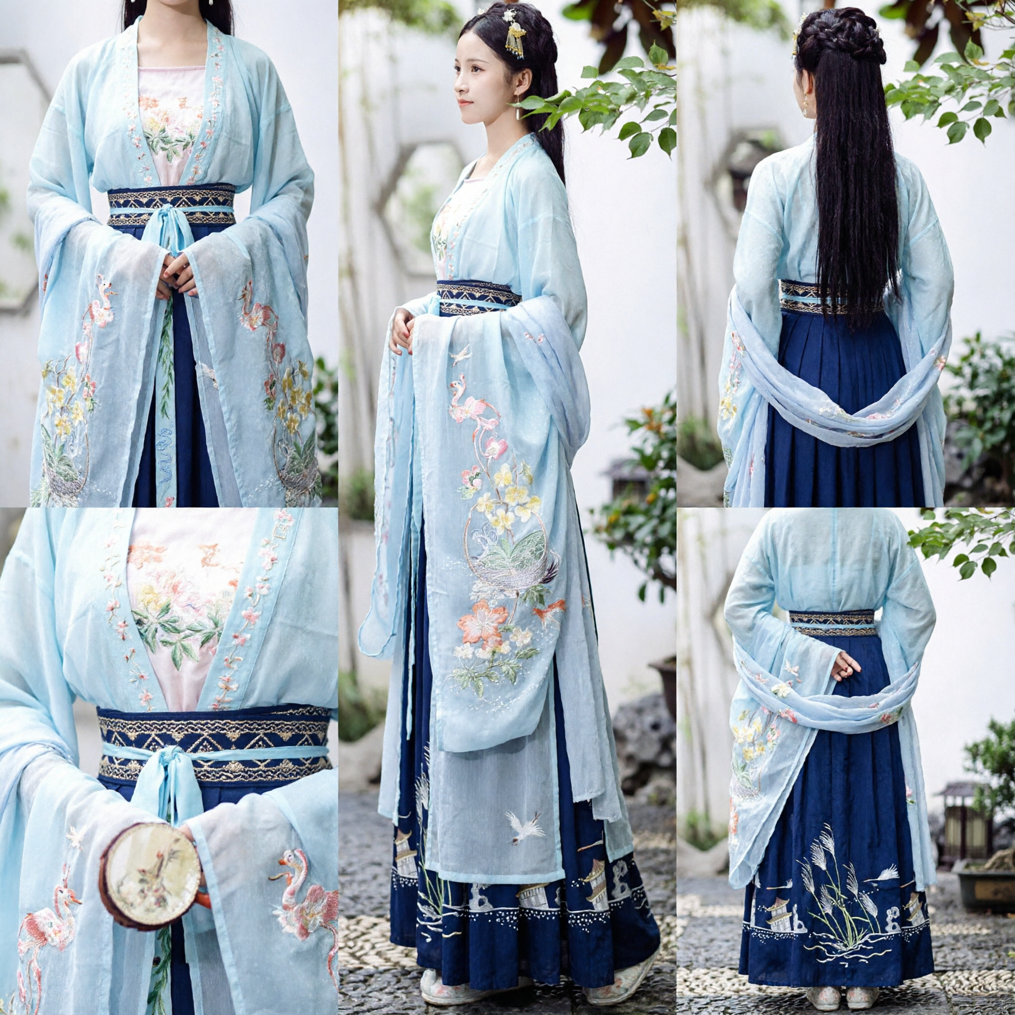 Costume Tradizionale Cinese Hanfu per Donne in Stile Dinastia Song, Set con Veste Celeste Ricamata e Gonna Blu Marino - Asian Costume