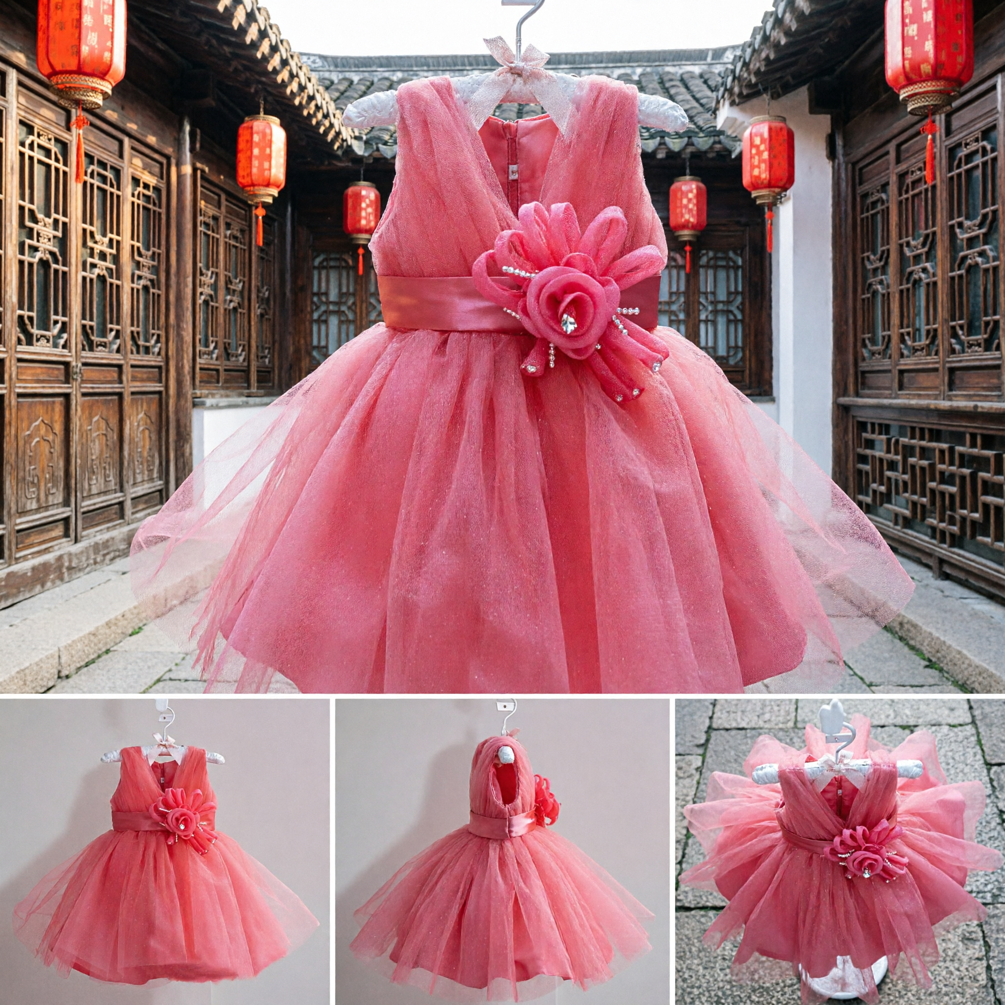 Vestido de Princesa Sin Mangas de Tul Rosa para Bebés con Detalles Florales para Boda o Fiesta - Asian Costume
