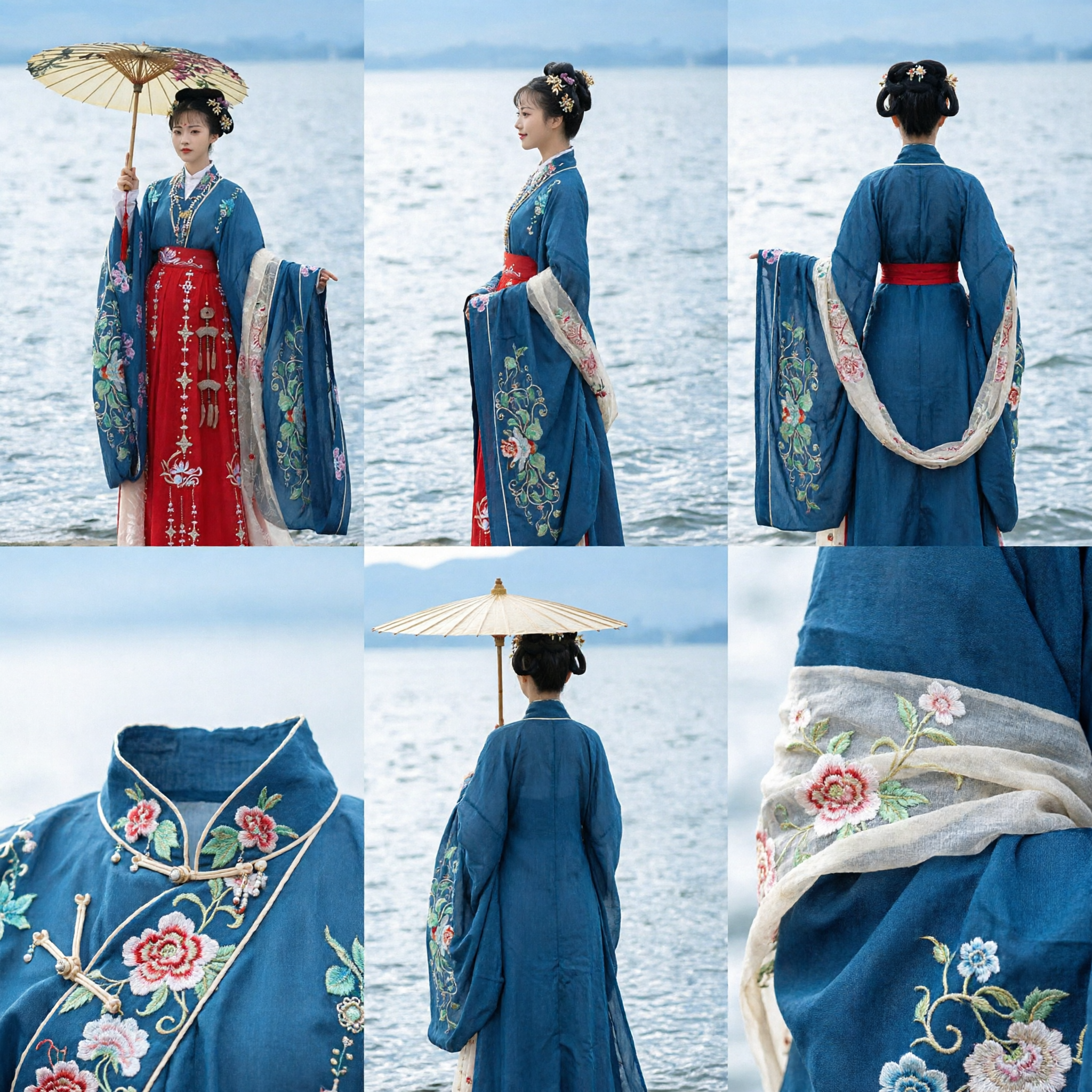 Vêtement traditionnel chinois Hanfu pour femmes, veste bleue brodée et jupe rouge, costume dynastie Ming pour photographie - Asian Costume