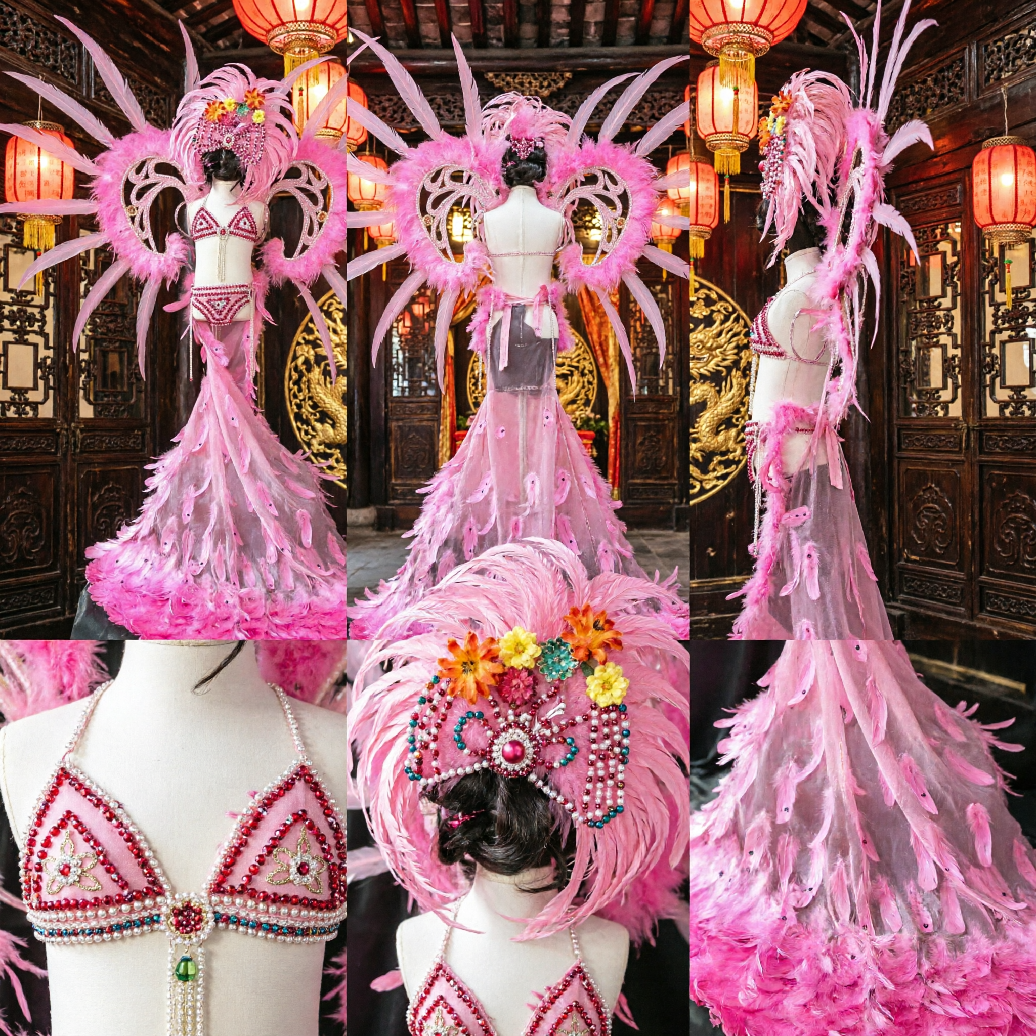 Traje de Samba Carnaval Femenino Rosa con Plumas, Conjunto Bikini Estilo Río de Janeiro para Showgirl con Grandes Alas Traseras - Asian Costume
