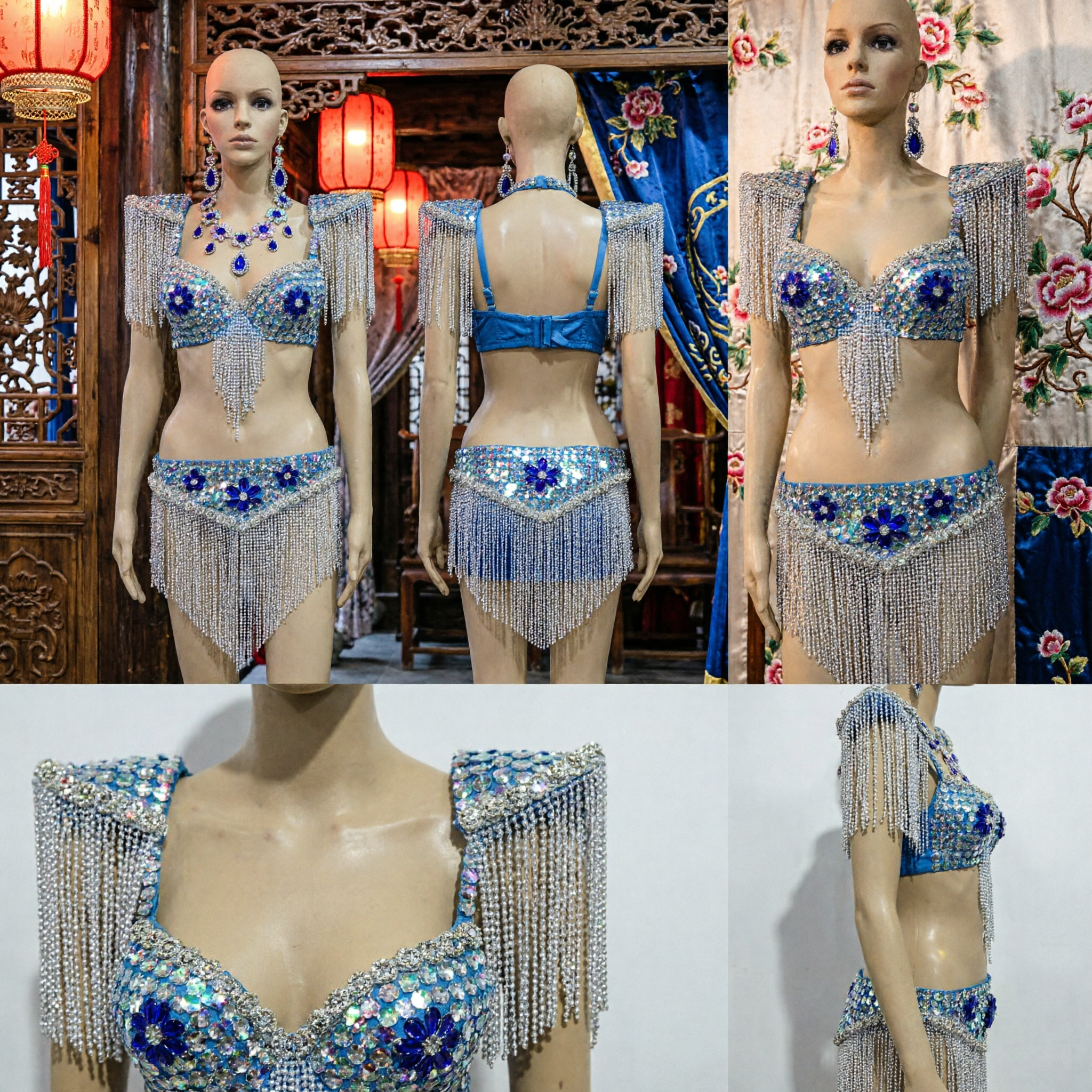 Set Costume da Danza Samba con Frange e Strass Blu Brillante, Abbigliamento da Showgirl per Spettacoli con Gioielli - Asian Costume