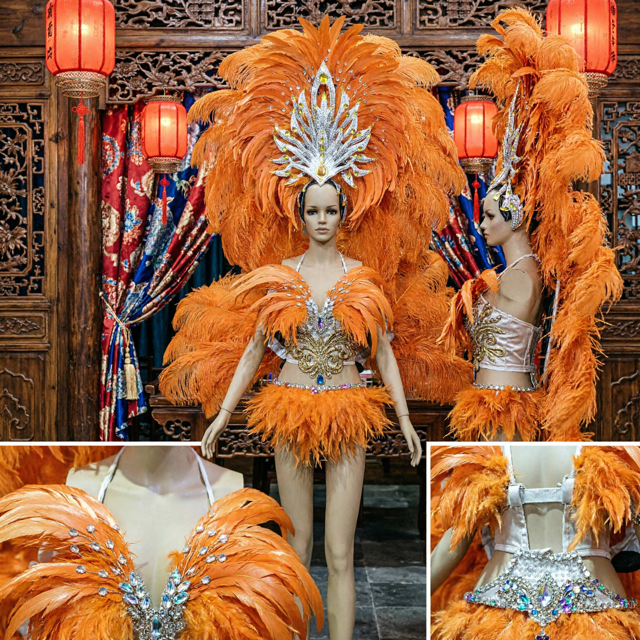 Set Costume da Carnevale Femminile con Piume Arancioni e Copricapo Ingioiellato per Spettacoli di Samba - Asian Costume