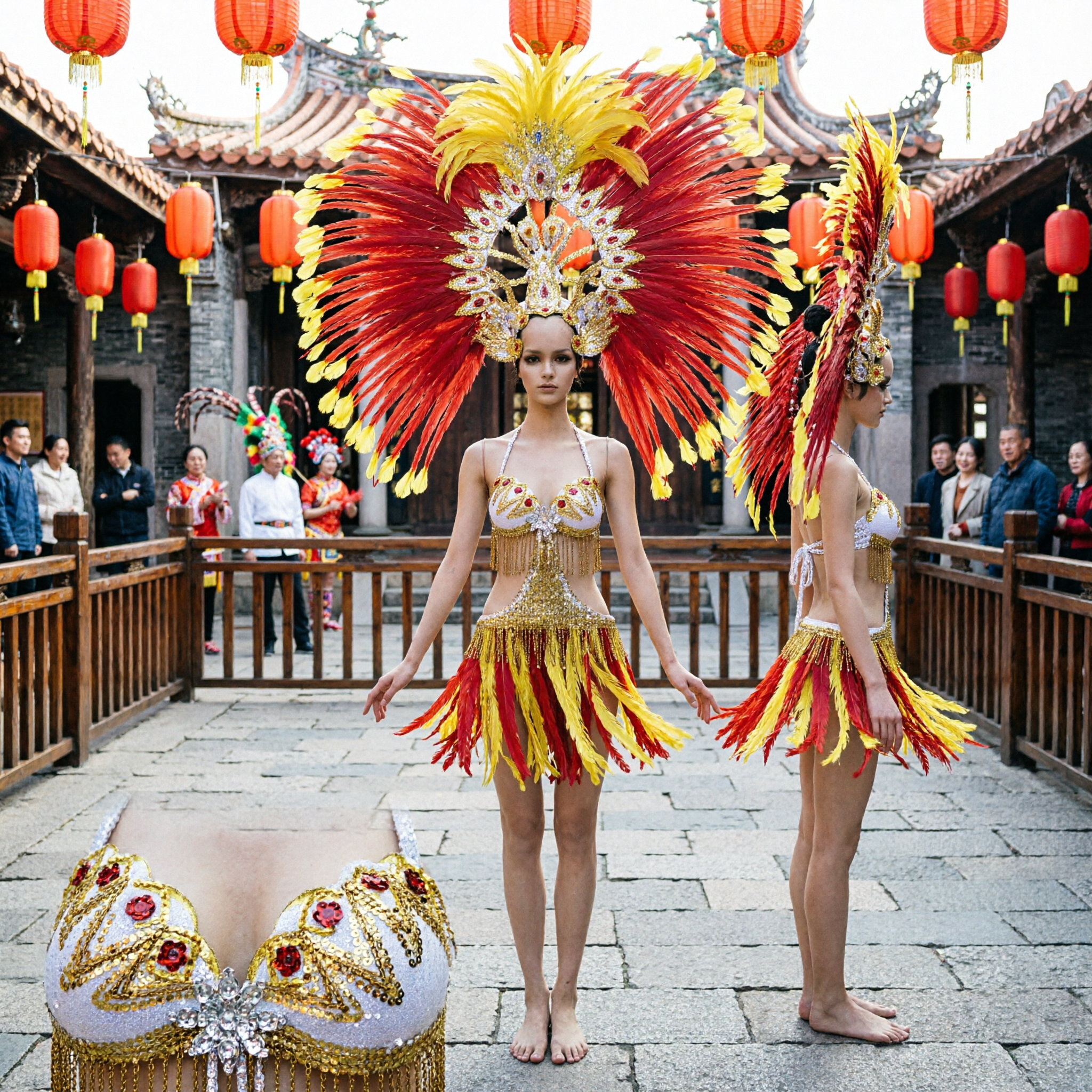 Costume de Danse Samba Carnaval Brésilien Femme avec Coiffe à Plumes Rouge et Jaune et Set Bikini à Paillettes Dorées - Asian Costume