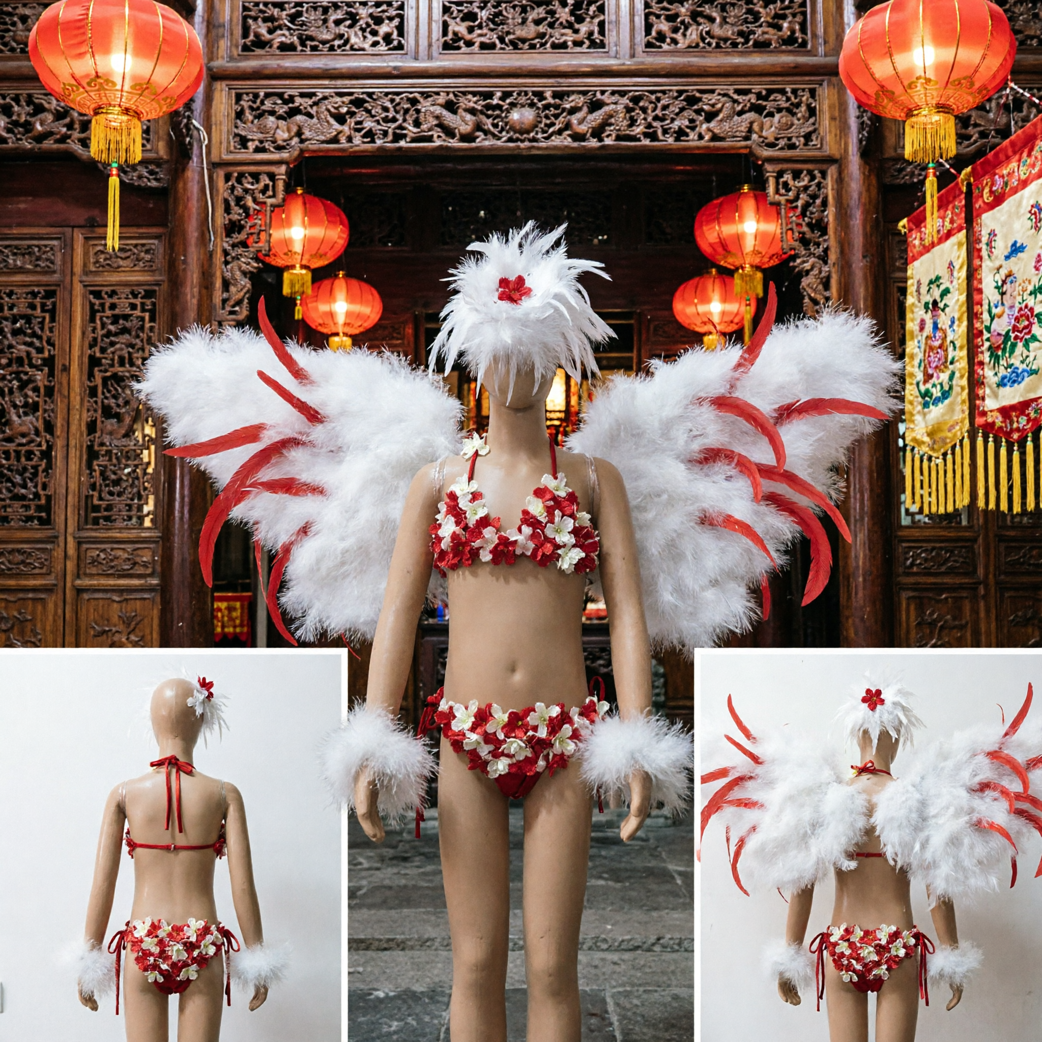 Costume de Carnaval Samba à Ailes de Plumes Rouge et Blanc Set Bikini Tenue Showgirl Femme pour Spectacle du Festival de Rio - Asian Costume