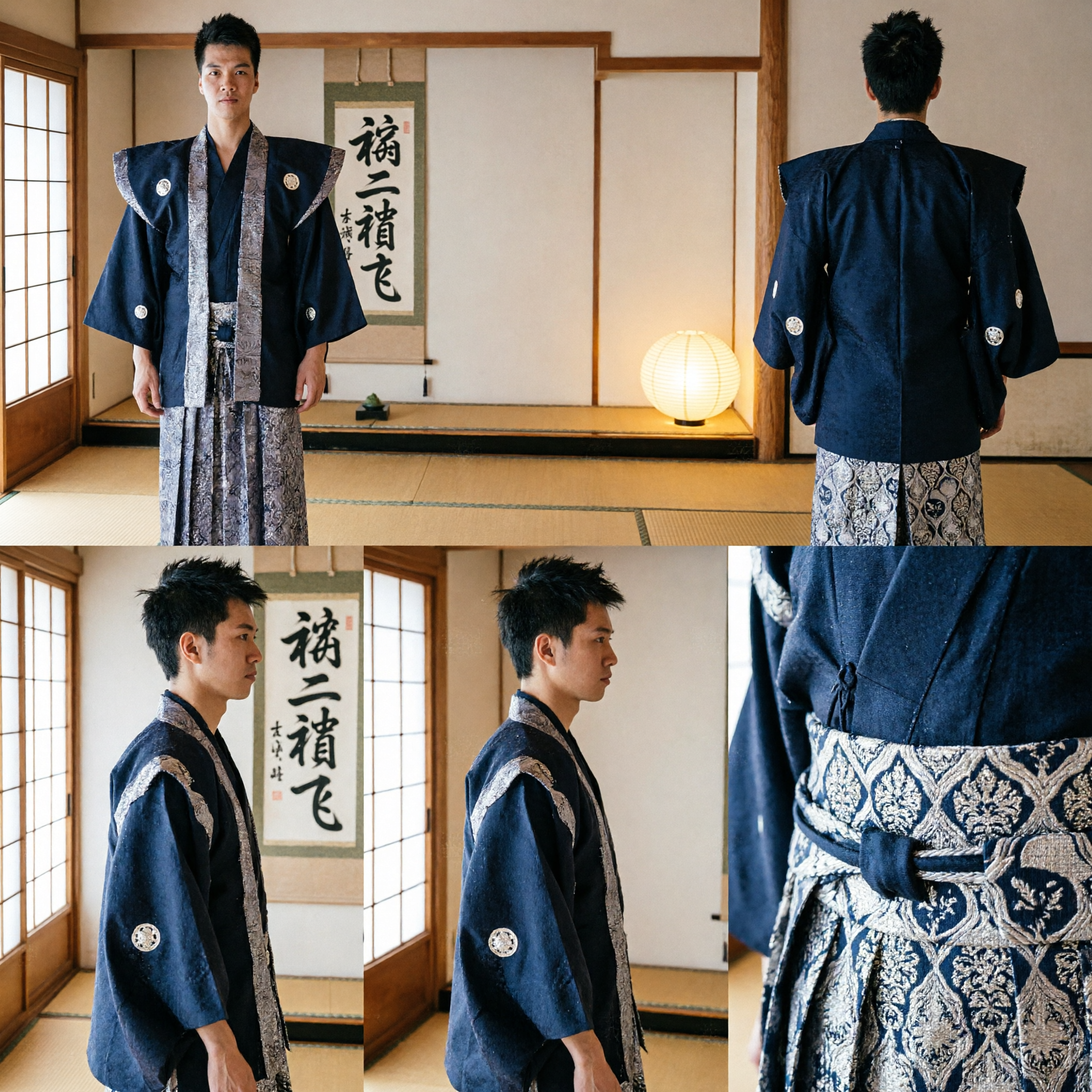 Traje Tradicional Japonês de Samurai Kamishimo para Homens, Kataginu Preto e Conjunto Hakama com Padrões Prateados para Cosplay - Asian Costume