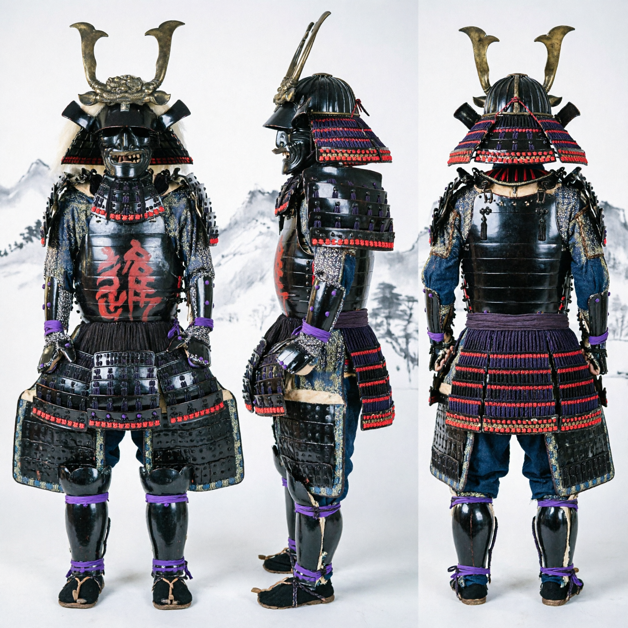 Completo Armatura da Samurai Giapponese, Costume da Guerriero Laccato Nero con Elmo Kabuto Cornuto per Cosplay Adulti ed Esposizione - Asian Costume