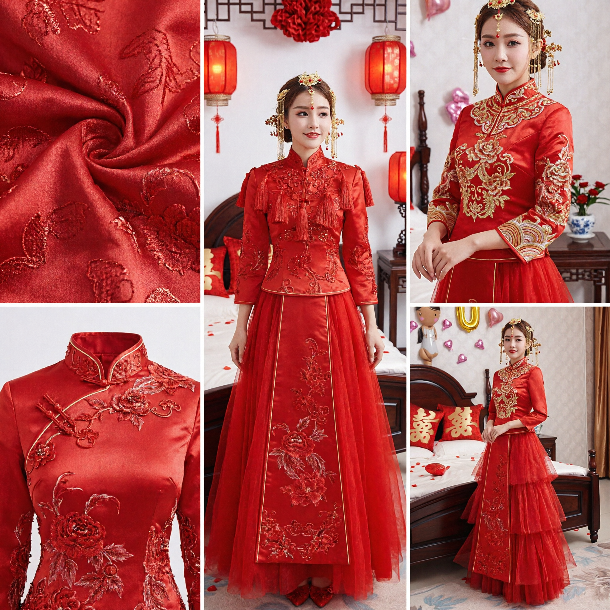 Traditional Chinese Wedding Dress Red Embroidered Bridal Gown Long Sleeve Tulle Skirt for Elegant Bride Ceremony - Asian Costume