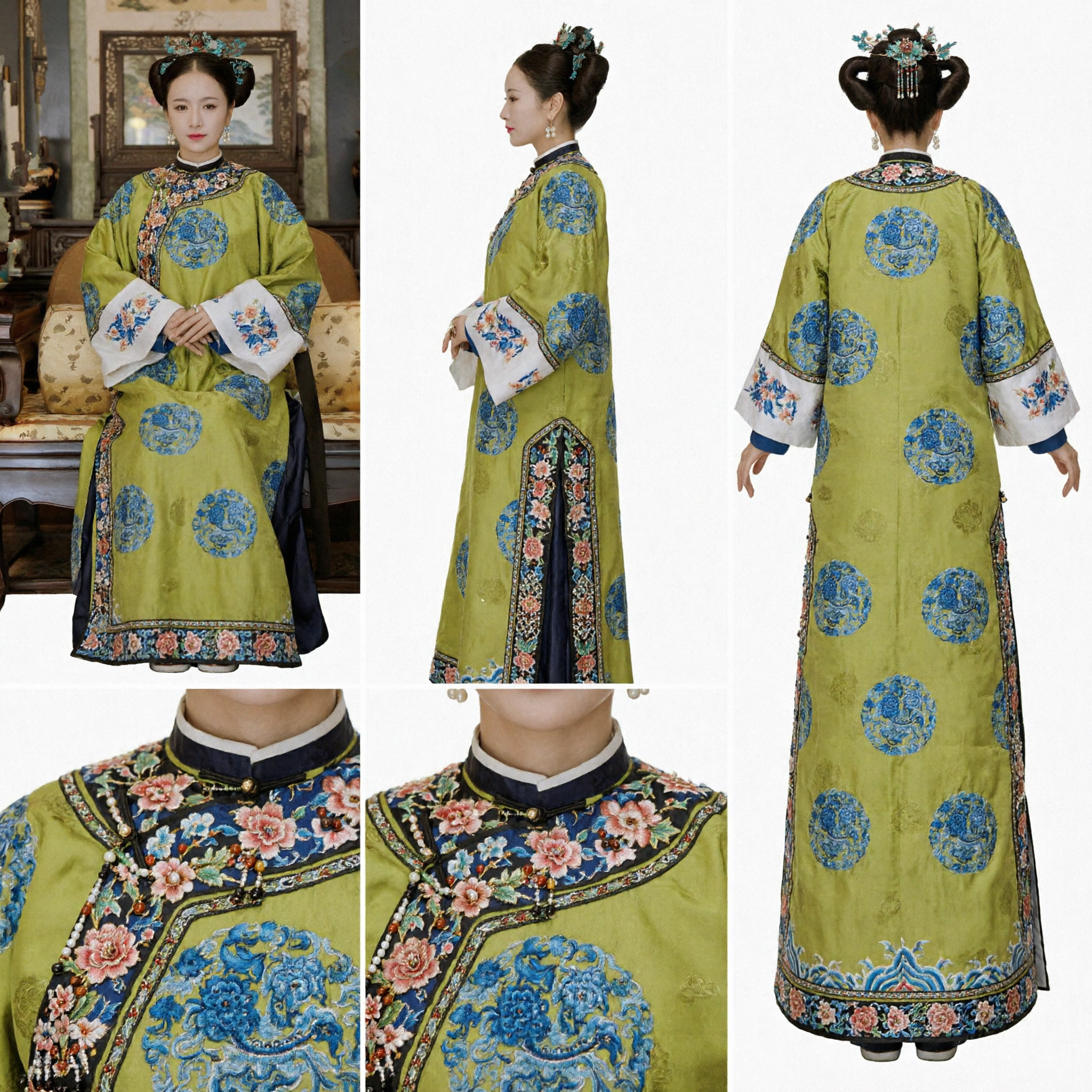 Traje Tradicional Chino de la Dinastía Qing, Túnica Manchú Verde Bordada para Cosplay Histórico y Drama - Asian Costume