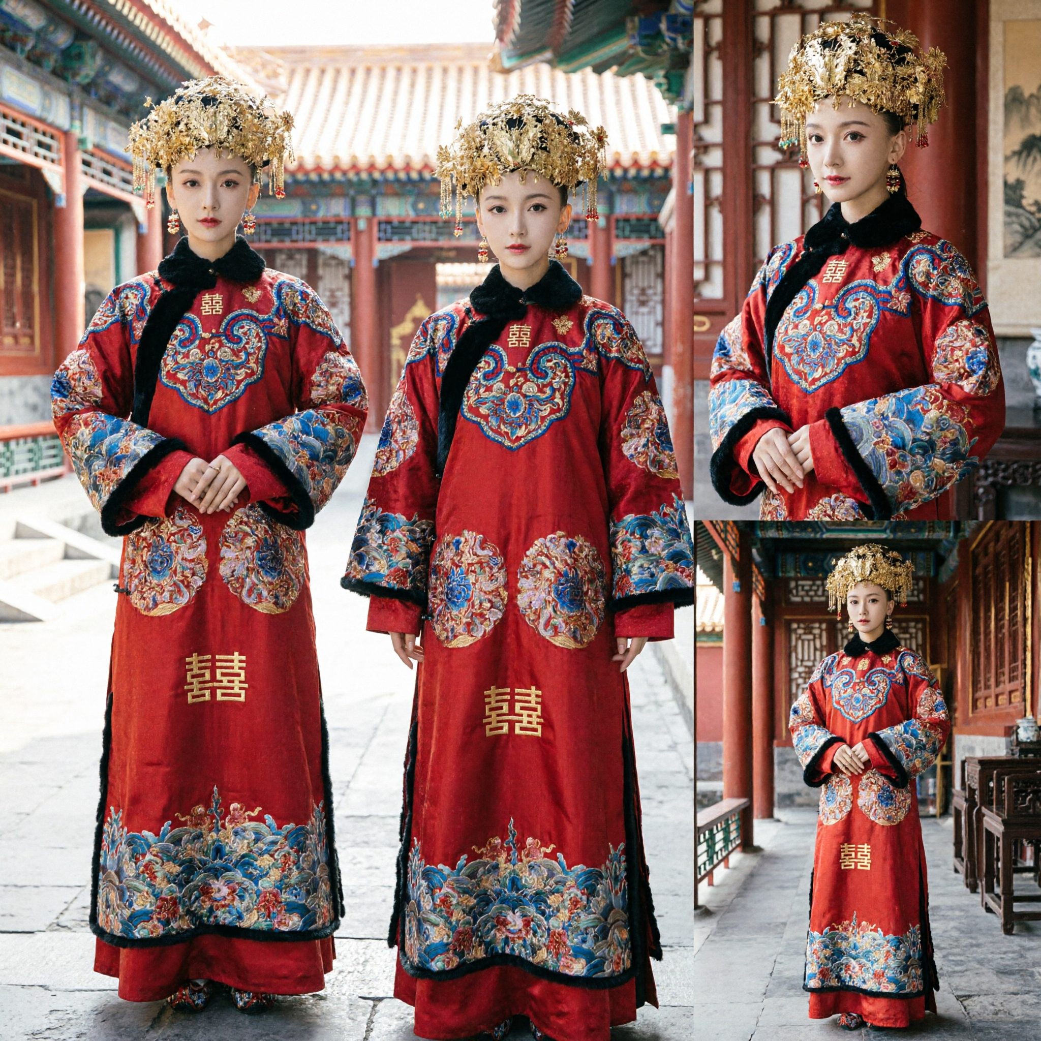 中国伝統 刺繍竜鳳模様 赤い婚礼衣装 古代花嫁衣裳 女性用 - Asian Costume