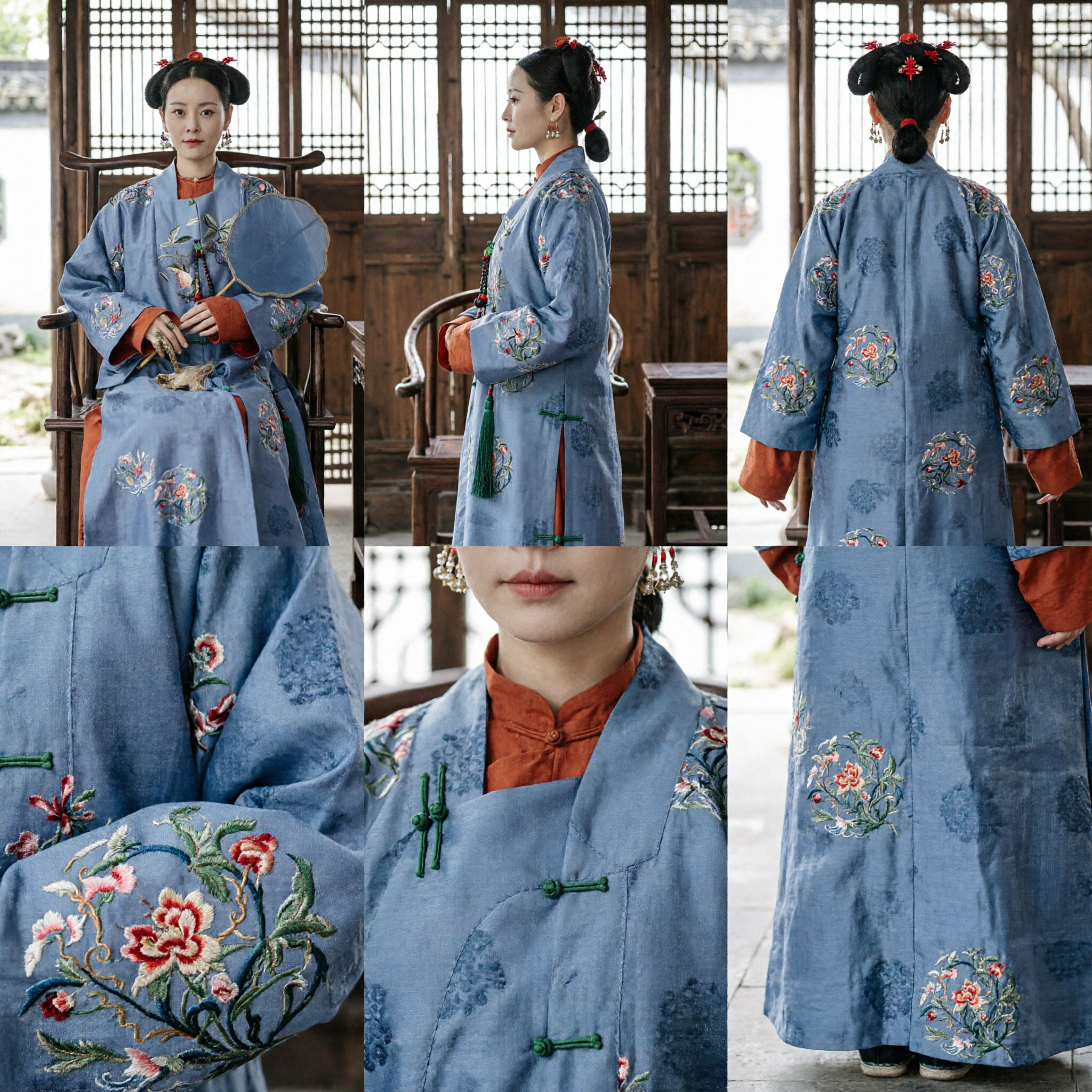 Chinees Oud Ming Dynastie Adellijke Dame Hanfu Blauw Geborduurd Bloemen Gewaad Traditioneel Kostuum voor Vrouwen - Asian Costume