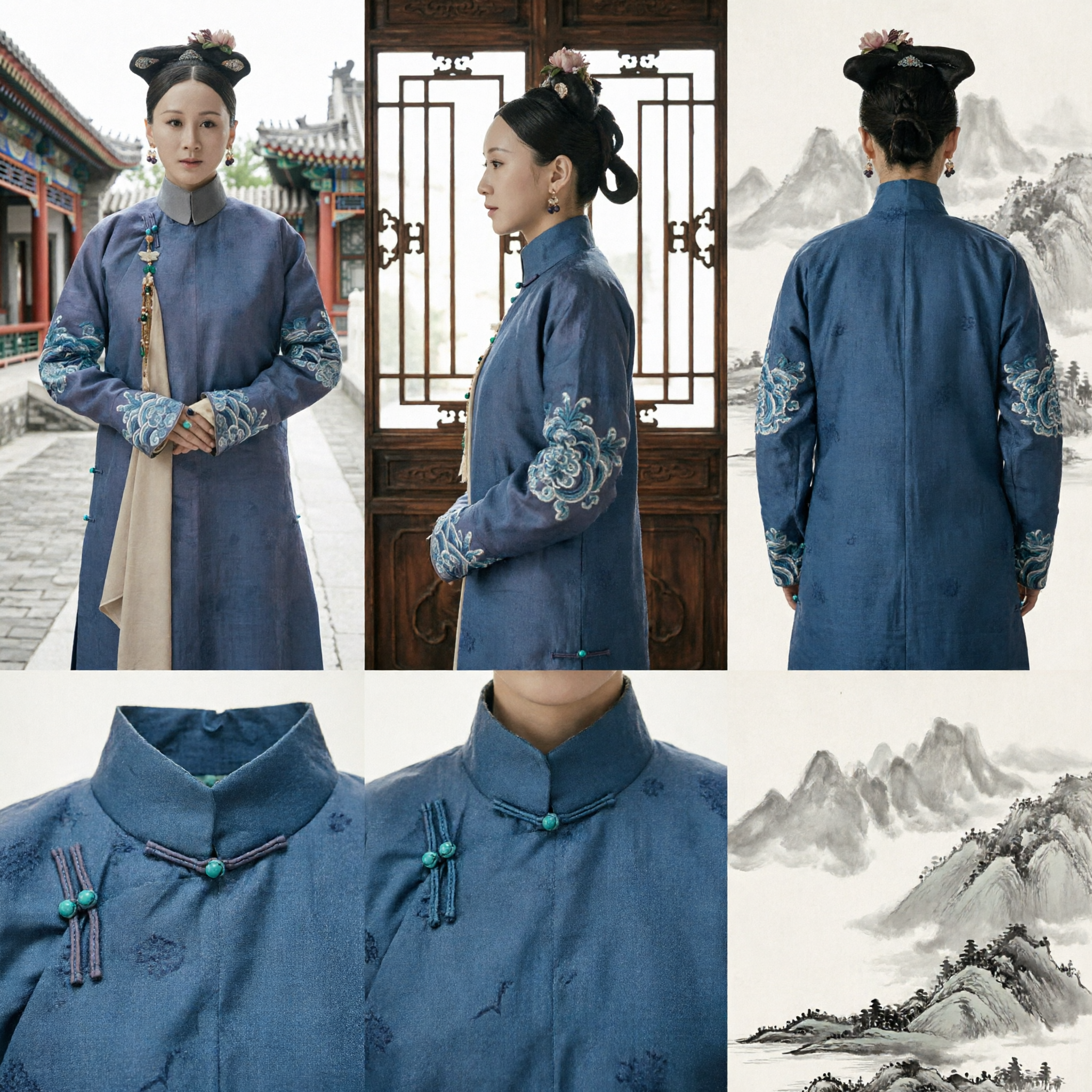 Costume traditionnel de dame mandchoue de la dynastie Qing - Robe bleue brodée pour femmes et cosplay de drama historique - Asian Costume