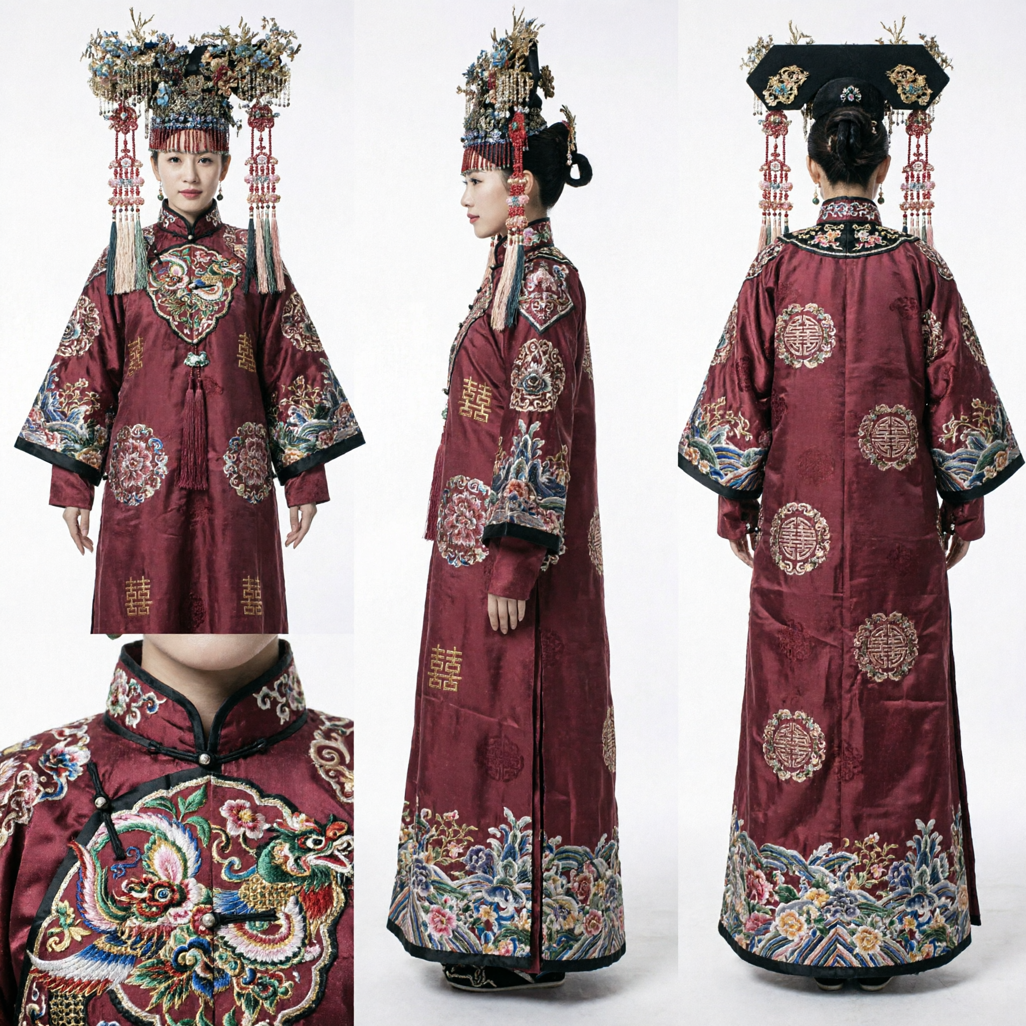 Traditioneel Chinees Qing Dynastie Manchu Keizerin Trouwkostuum Rood Geborduurd Gewaad en Uitgebreide Hoofdtooi Set voor Vrouwen - Asian Costume