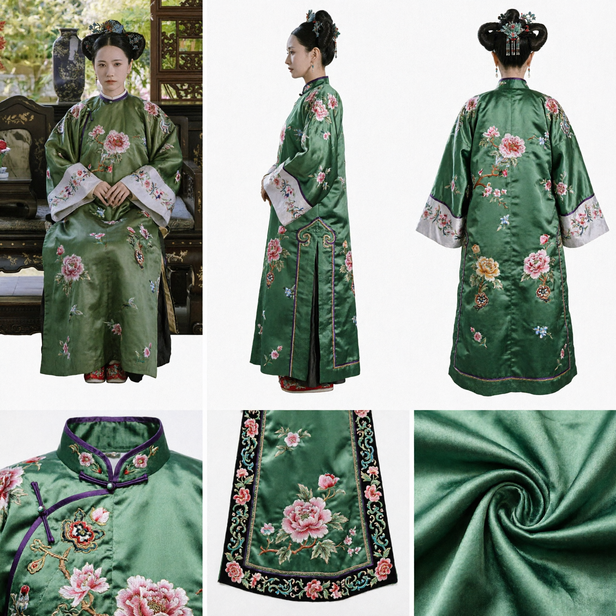 Robe Brodée de Fleurs Vertes de Noble Dame Mandchoue de l'Ancienne Dynastie Qing Chinoise, Costume Traditionnel - Asian Costume