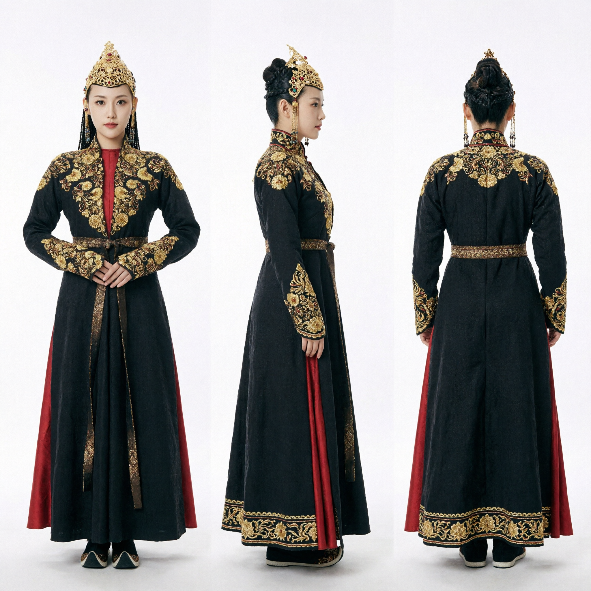 Costume Etnico Tradizionale Cinese Mongolo, Antica Robe Reale Nera con Ricami in Oro e Cappello per Donne - Asian Costume