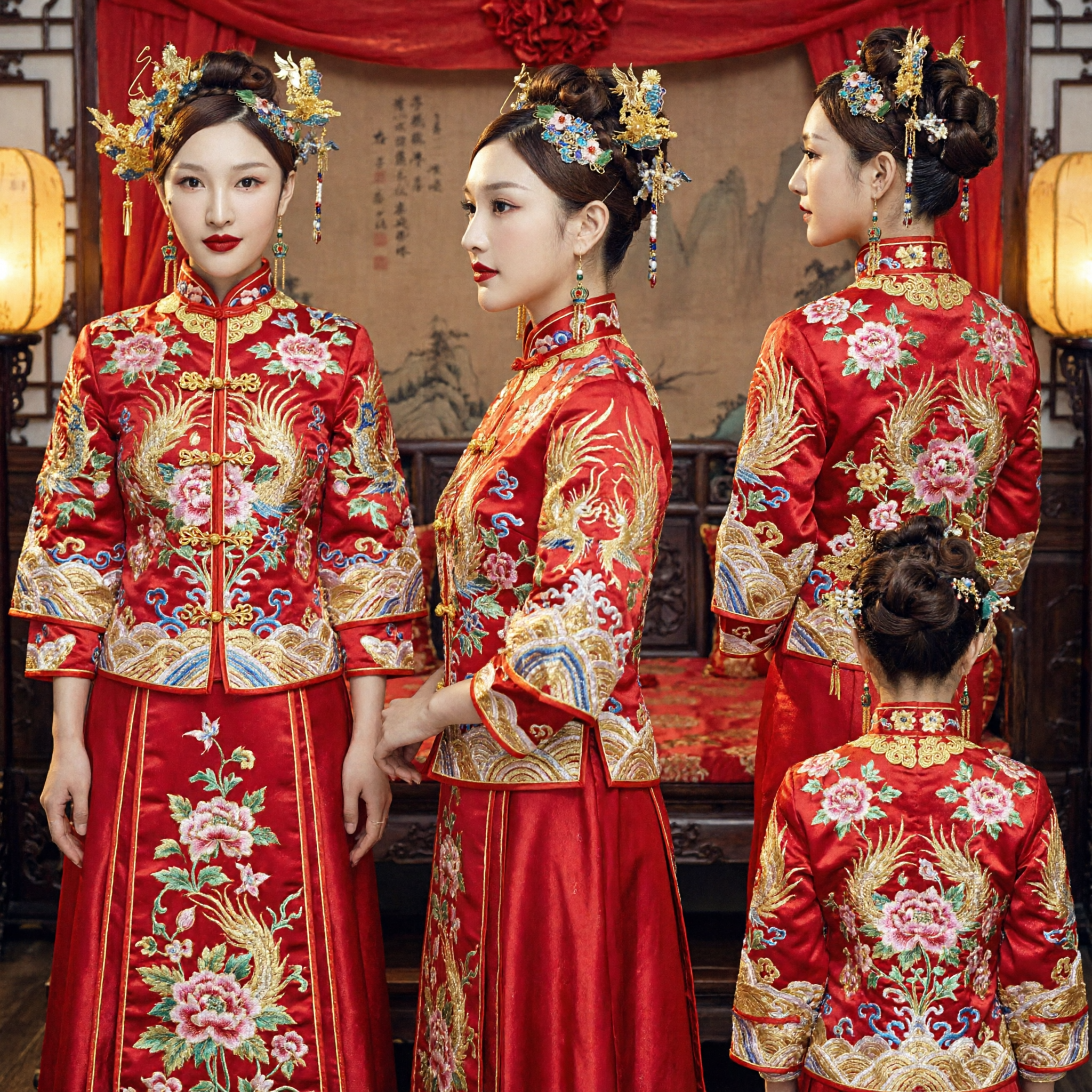 إكسسوارات شعر الزفاف الصينية التقليدية، تاج العنقاء الذهبي مع دبابيس طائر الرفراف الزرقاء للعروس مع الهانفو والتشيباو - Asian Costume